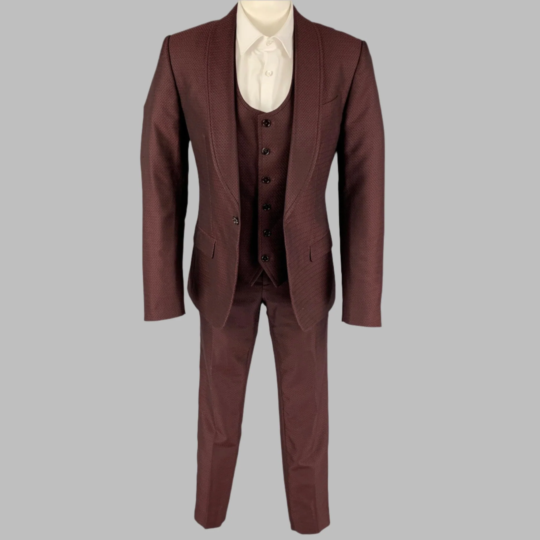 DOLCE & GABBANA Size 36 Burgundy Jacquard Wool Silk Shawl Collar 3 Piece Suit - Image 3