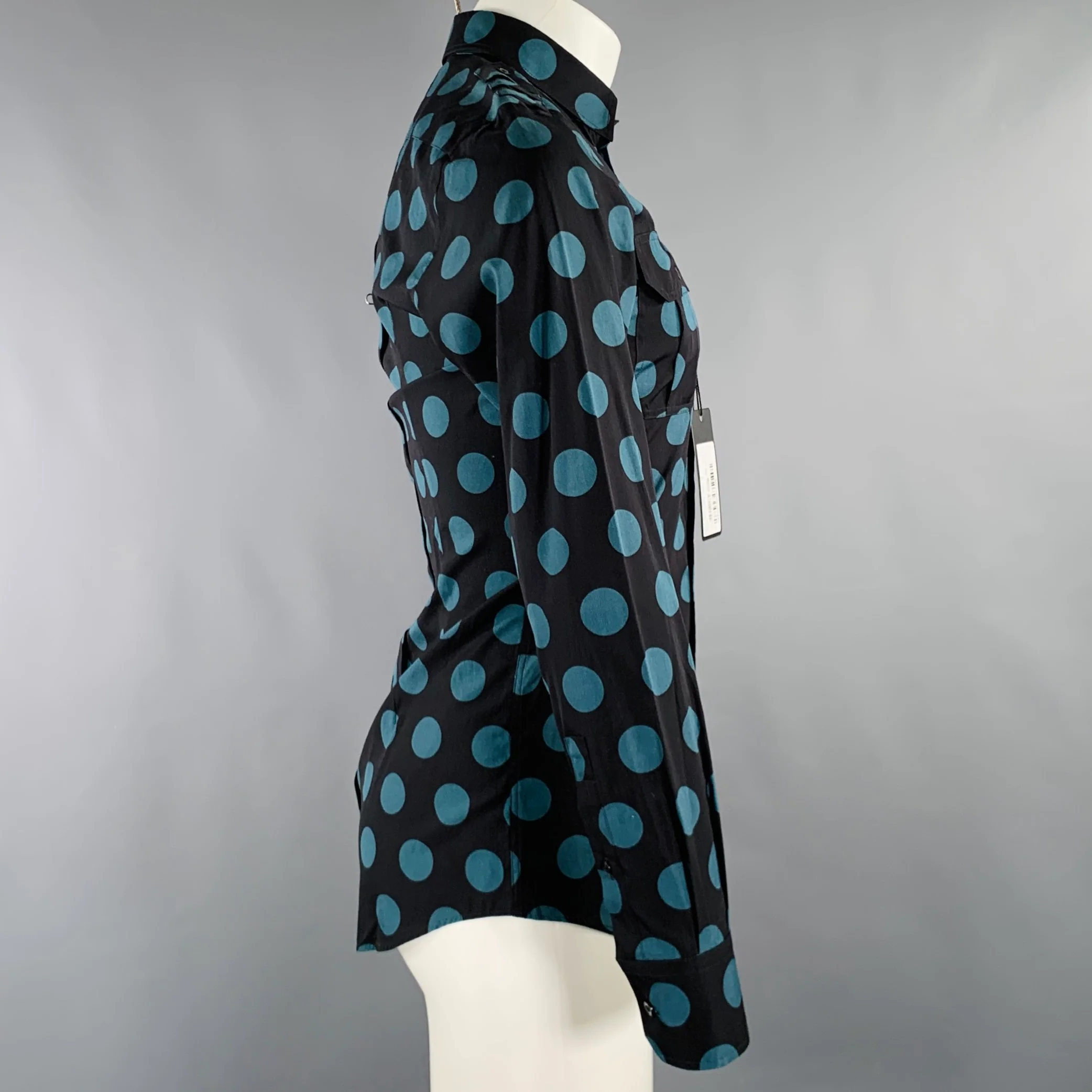 DOLCE & GABBANA Size 38 Black Blue Dots Cotton Epaulettes Long Sleeve Shirt - Image 3