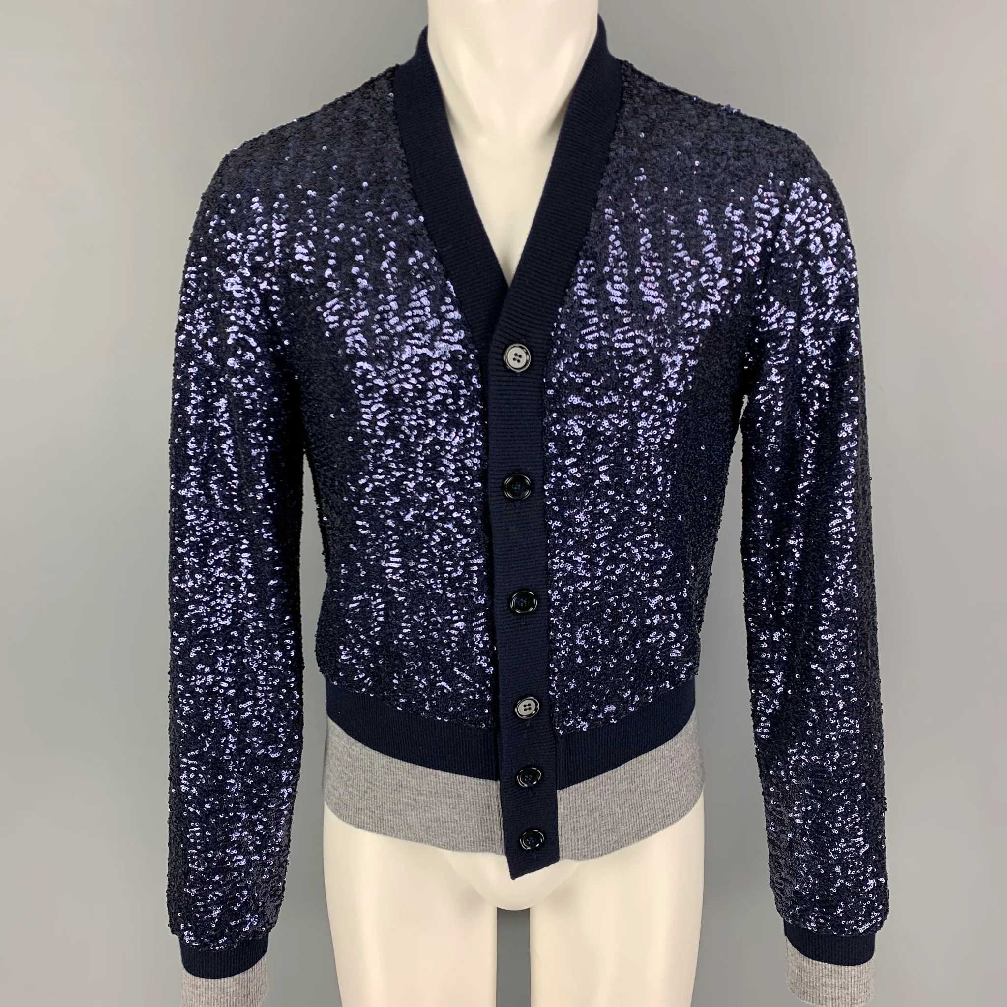 DOLCE & GABBANA Size 38 Navy Grey Sequined Polyester Buttoned Cardigan