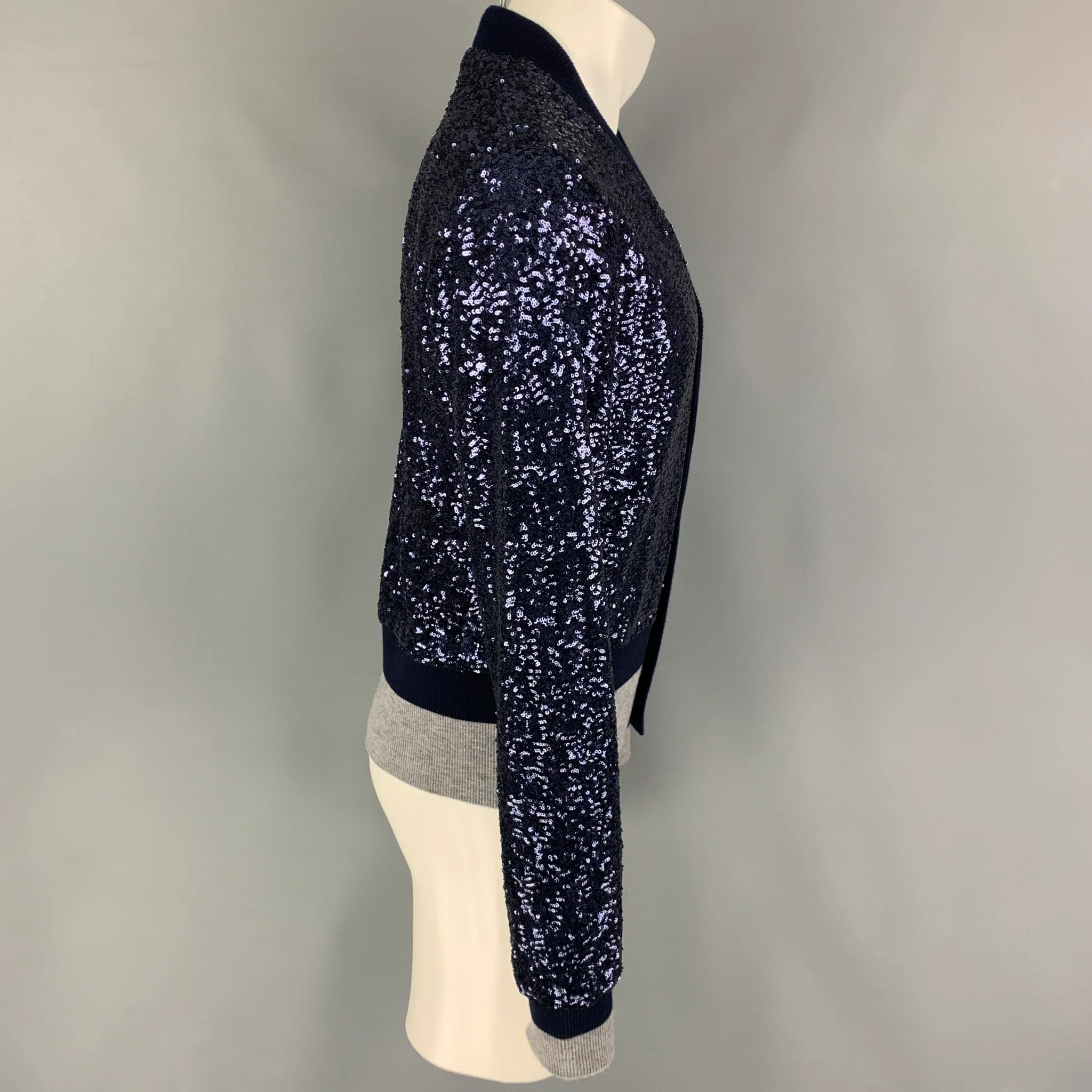 DOLCE & GABBANA Size 38 Navy Grey Sequined Polyester Buttoned Cardigan - Image 3
