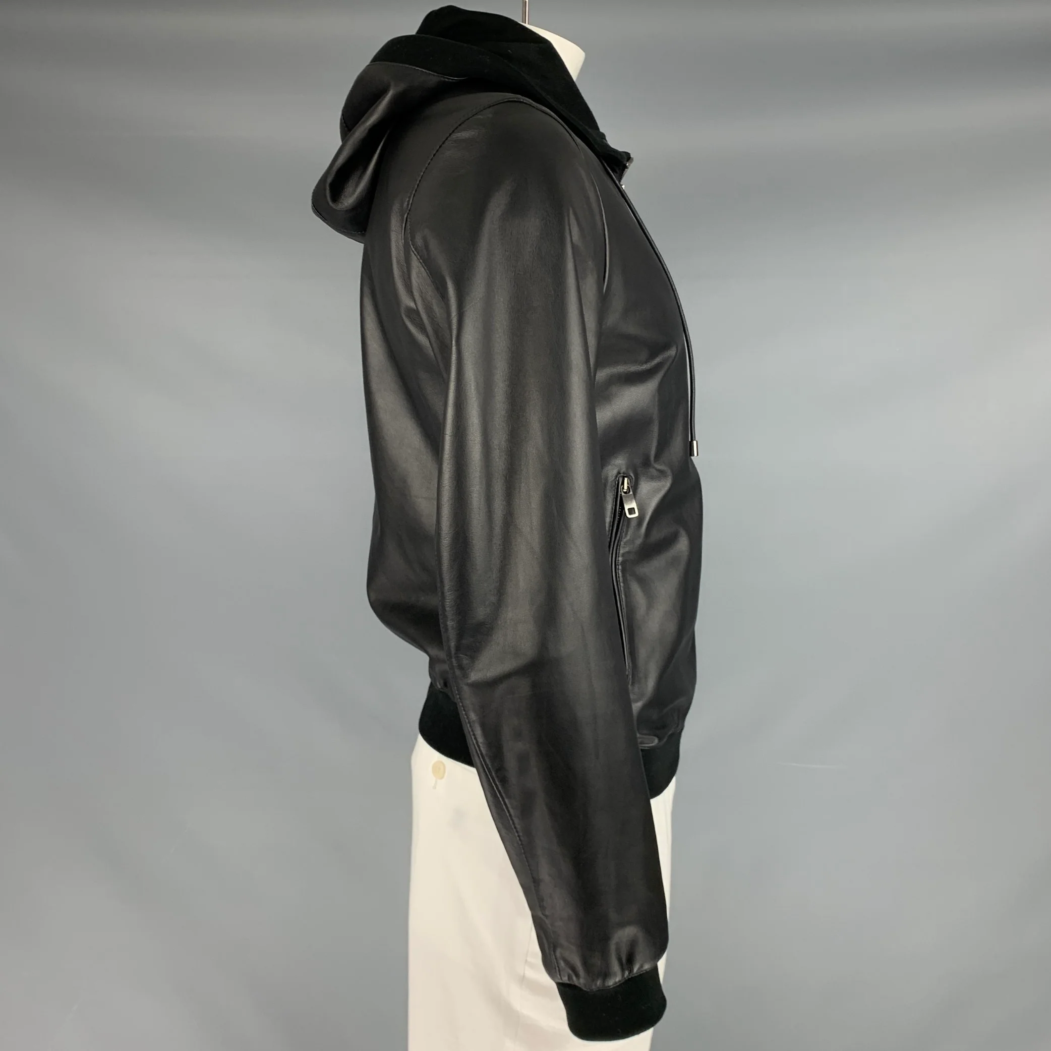 DOLCE & GABBANA Size 42 Black Lambskin Leather Hooded Jacket - Image 2