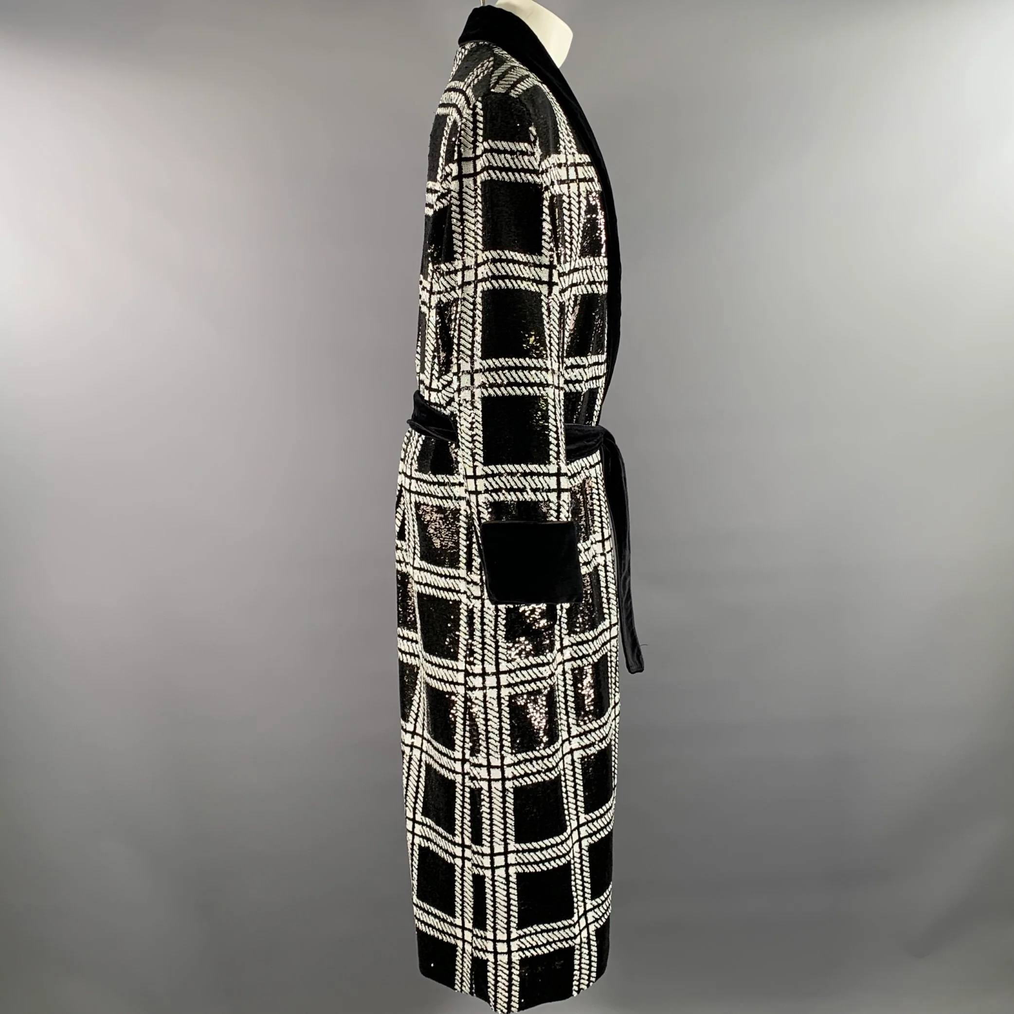DOLCE & GABBANA TAILORED by Size 46 Black White Sequined Plaid Cotton Robe Coat - Image 3