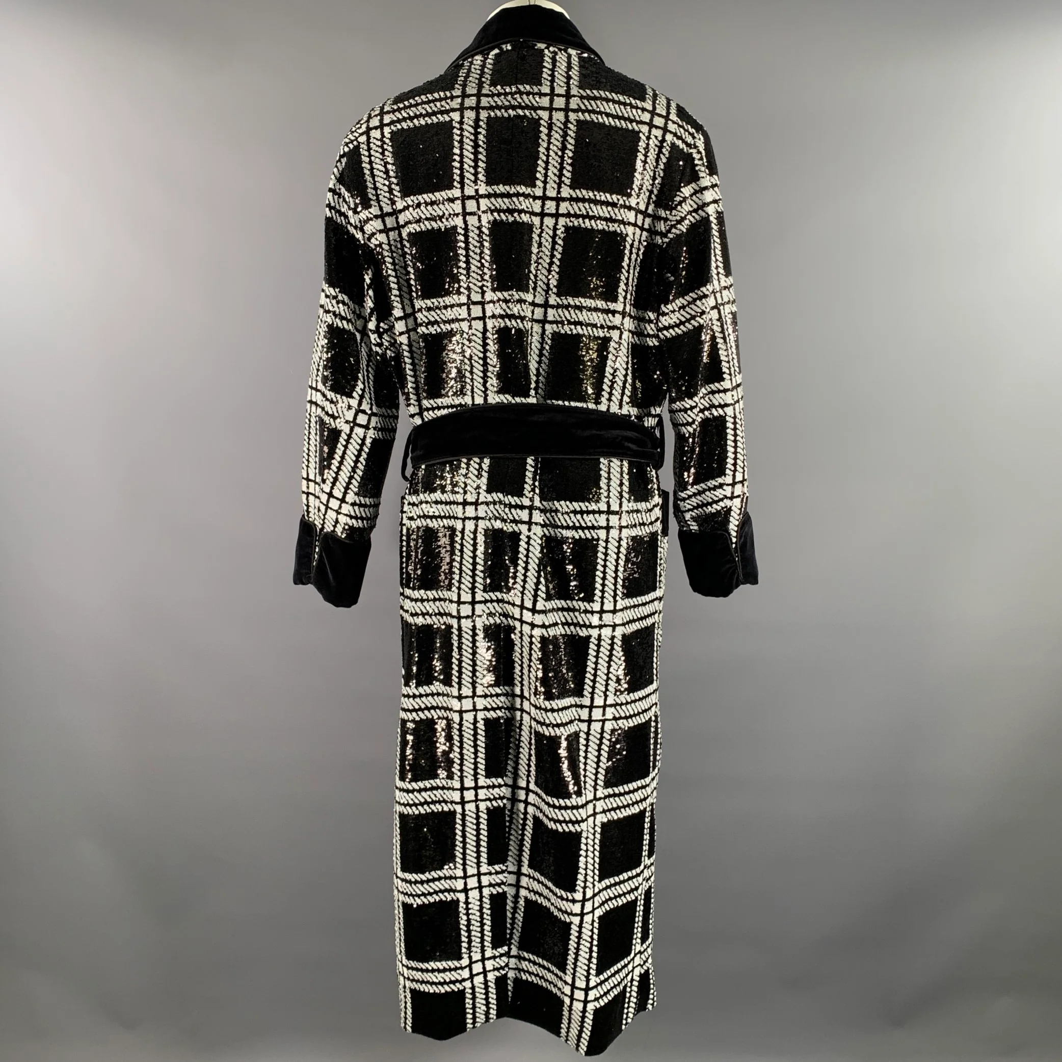 DOLCE & GABBANA TAILORED by Size 46 Black White Sequined Plaid Cotton Robe Coat - Image 4