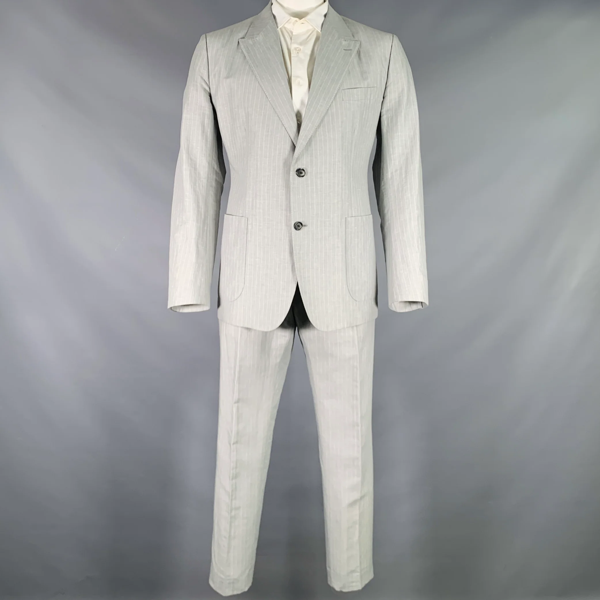 DOLCE & GABBANA Size 46 Light Gray Stripe Linen Cotton Notch Lapel Suit - Image 3