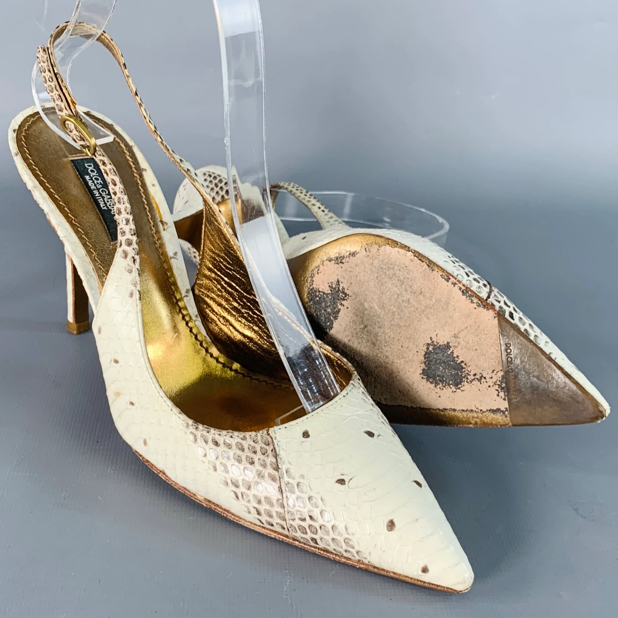 DOLCE & GABBANA Size 6.5 Beige Brown Snakeskin Leather Slingback Pumps - Image 5