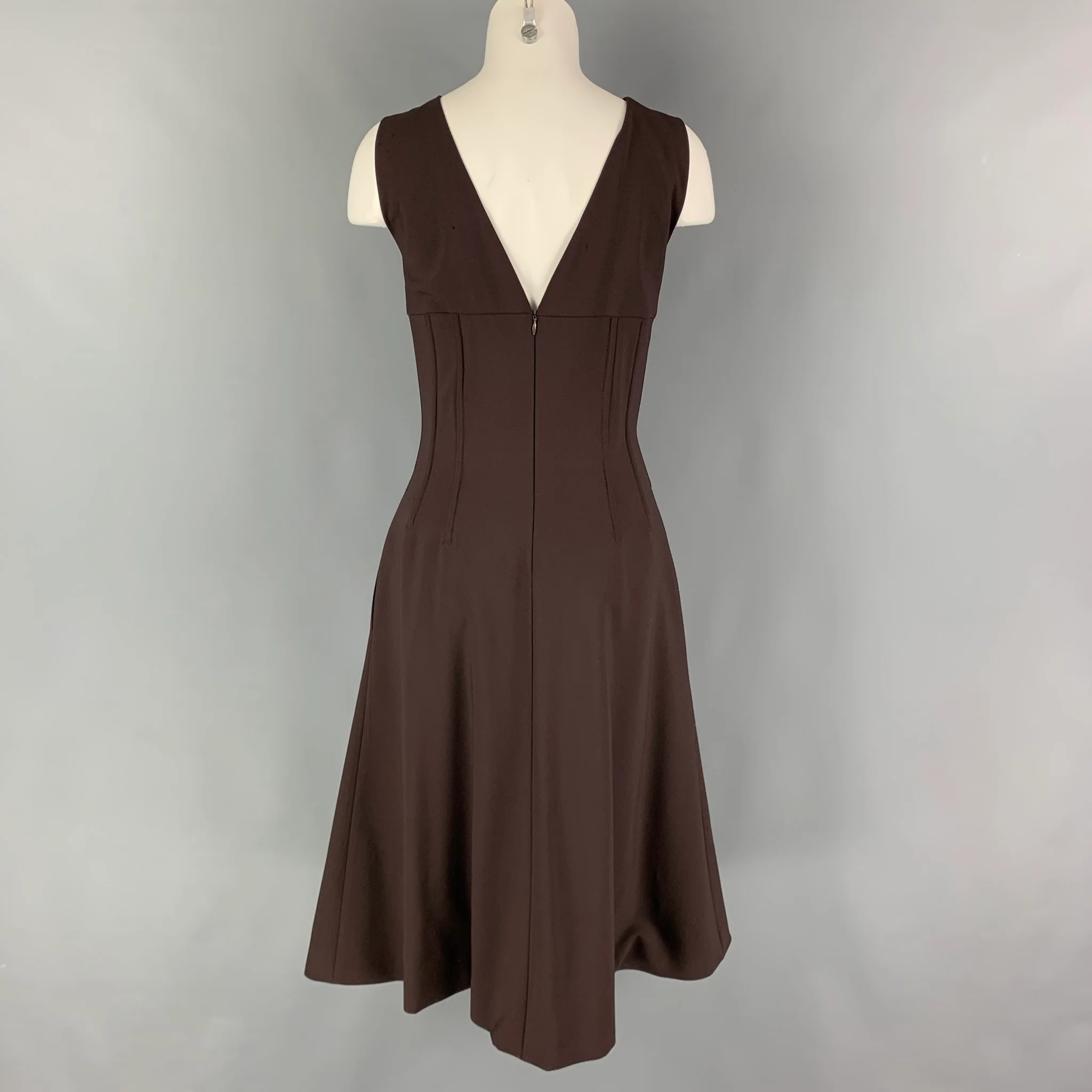 DOLCE & GABBANA Size 6 Brown Wool Sleeveless Mid-Calf Dress - Image 3