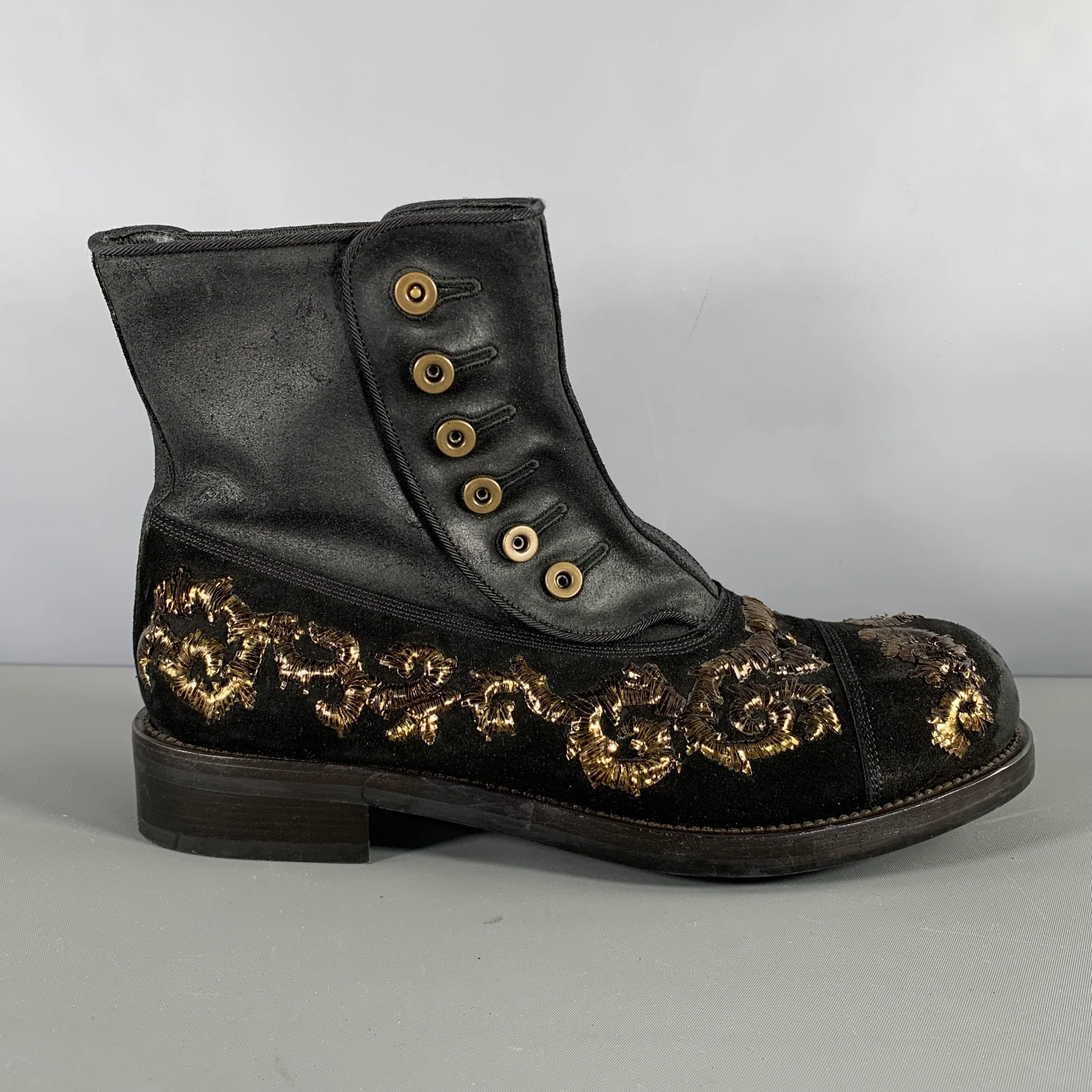 DOLCE & GABBANA Size 8.5 Black Gold Embroidery Leather Side Buttons Boots - Image 2
