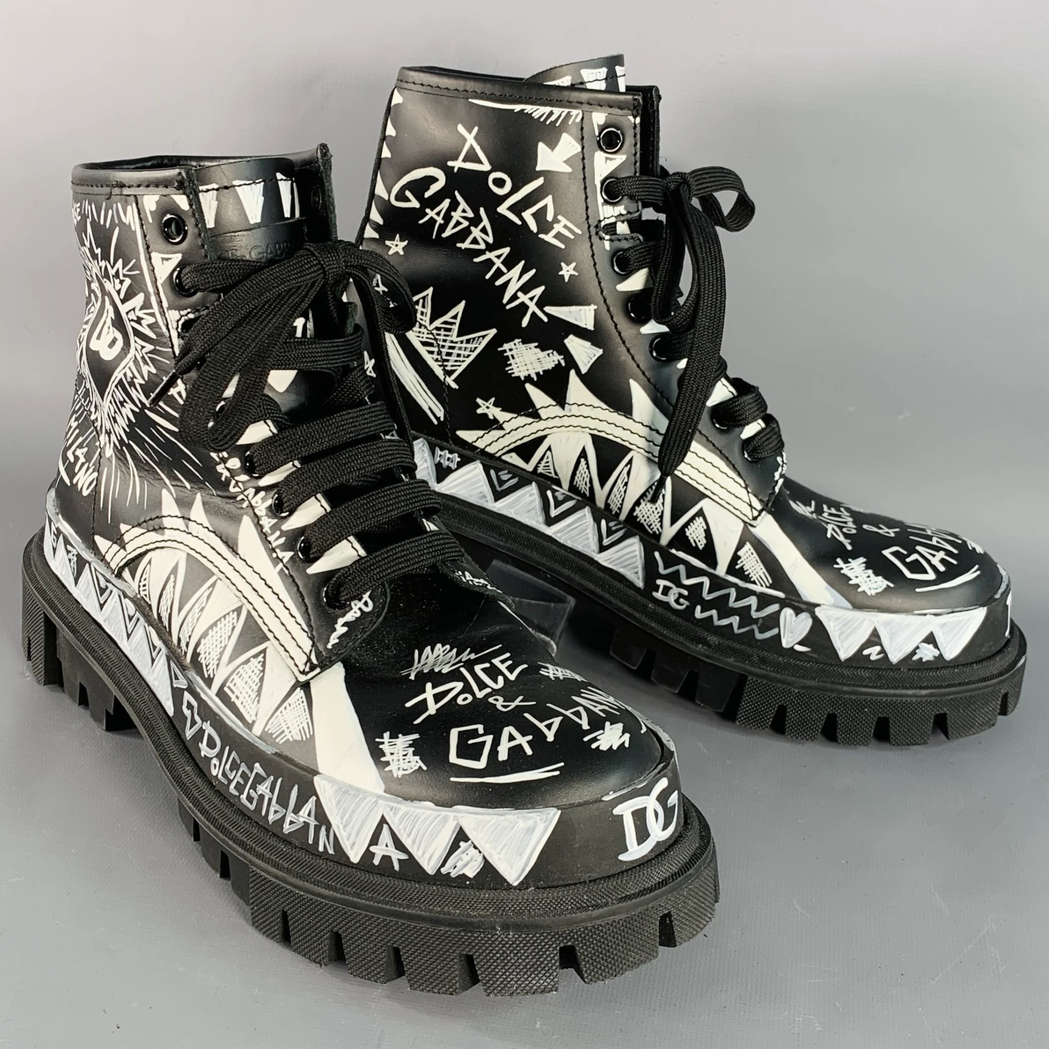 DOLCE & GABBANA Size 8 Black White Painted Chunky Lug Sole Combat Boots