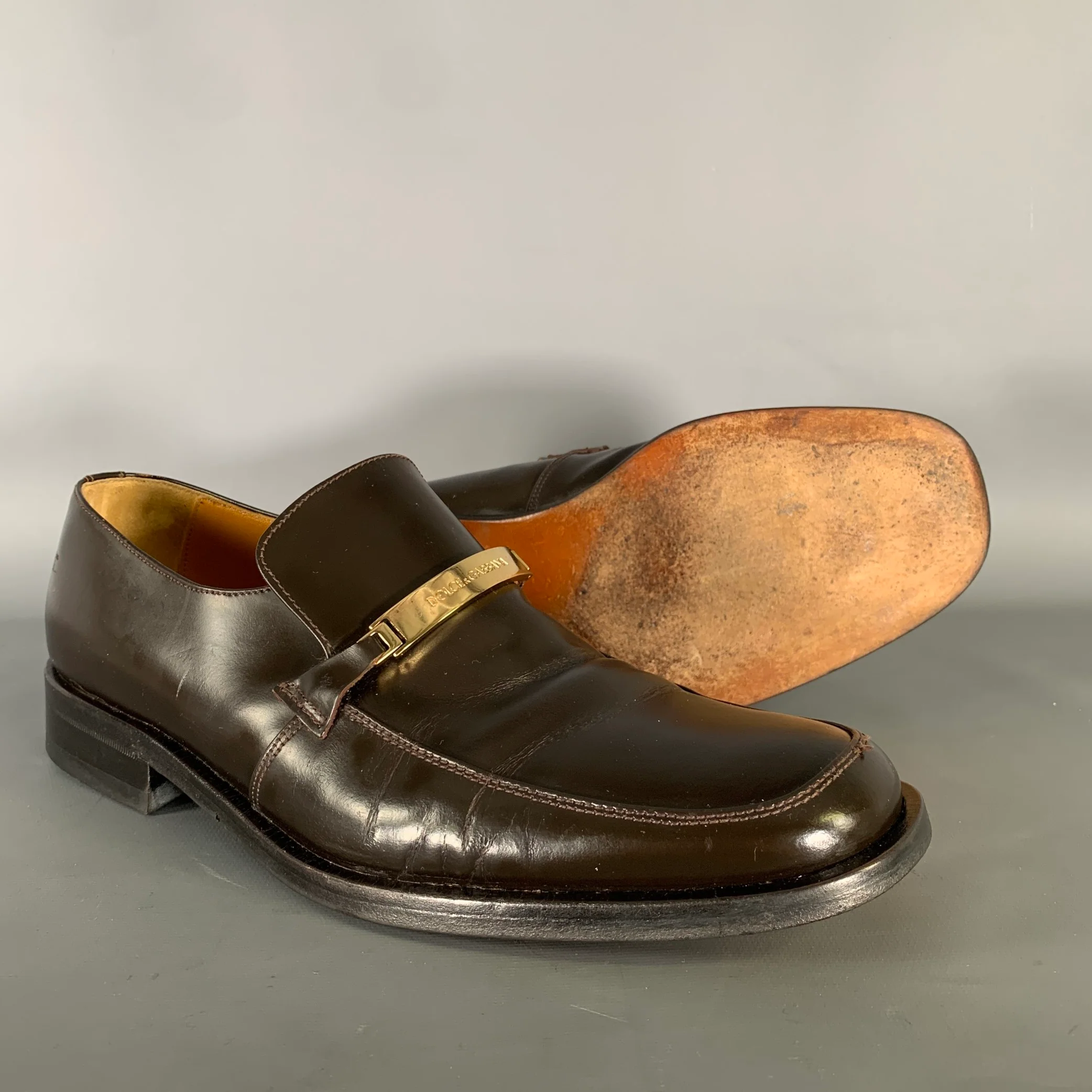 DOLCE & GABBANA Size 9 Brown Gold Leather Loafers - Image 5
