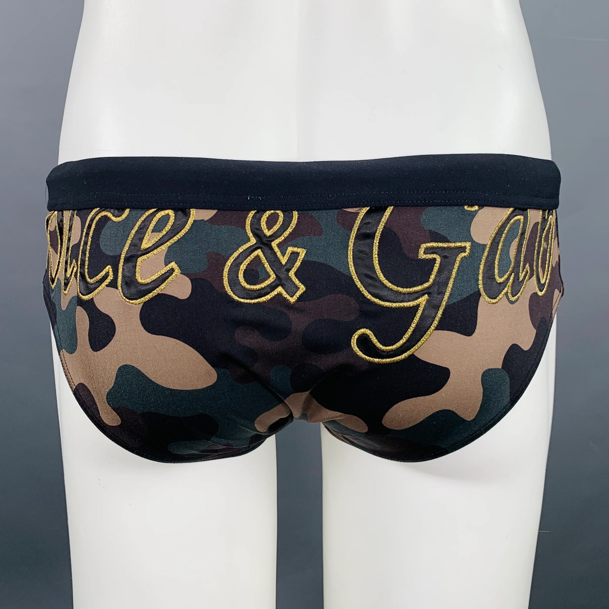 DOLCE & GABBANA Size L Black Green Tan Camouflage Drawstring Speedo - Image 3