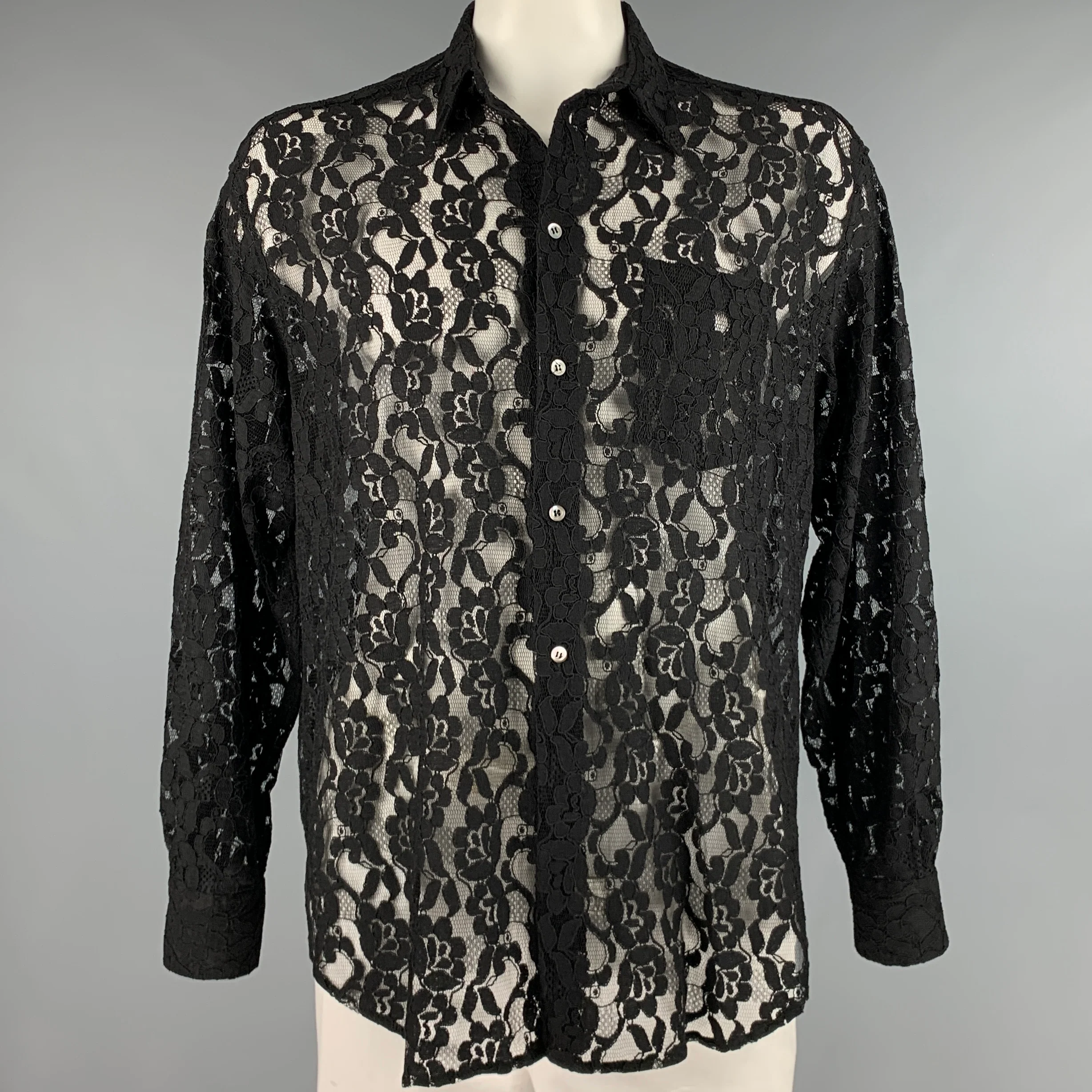 DOLCE & GABBANA Size L Black Lace Polyamide Button Up Long Sleeve Shirt