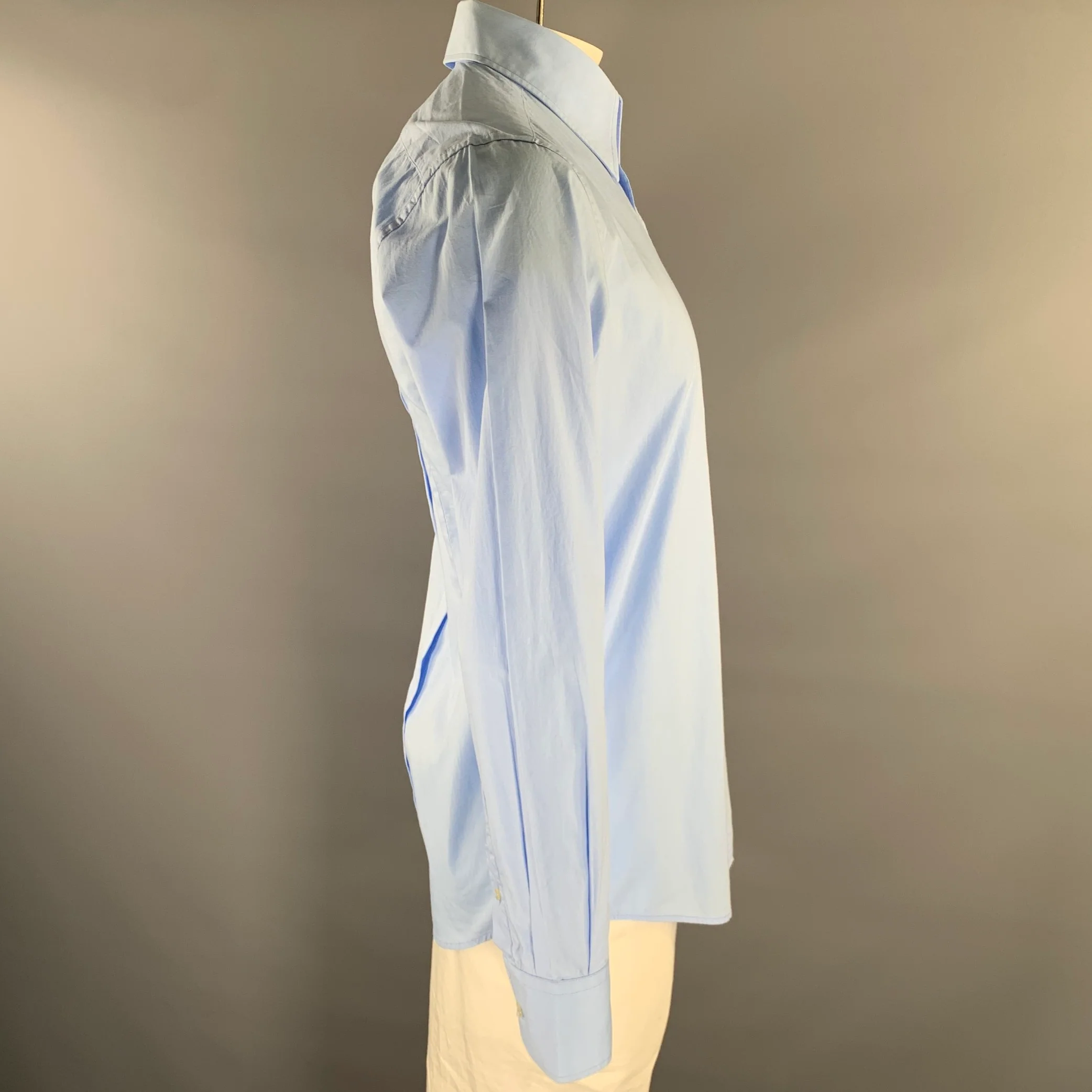 DOLCE & GABBANA Size L Blue Solid Cotton Long Sleeve Shirt - Image 3