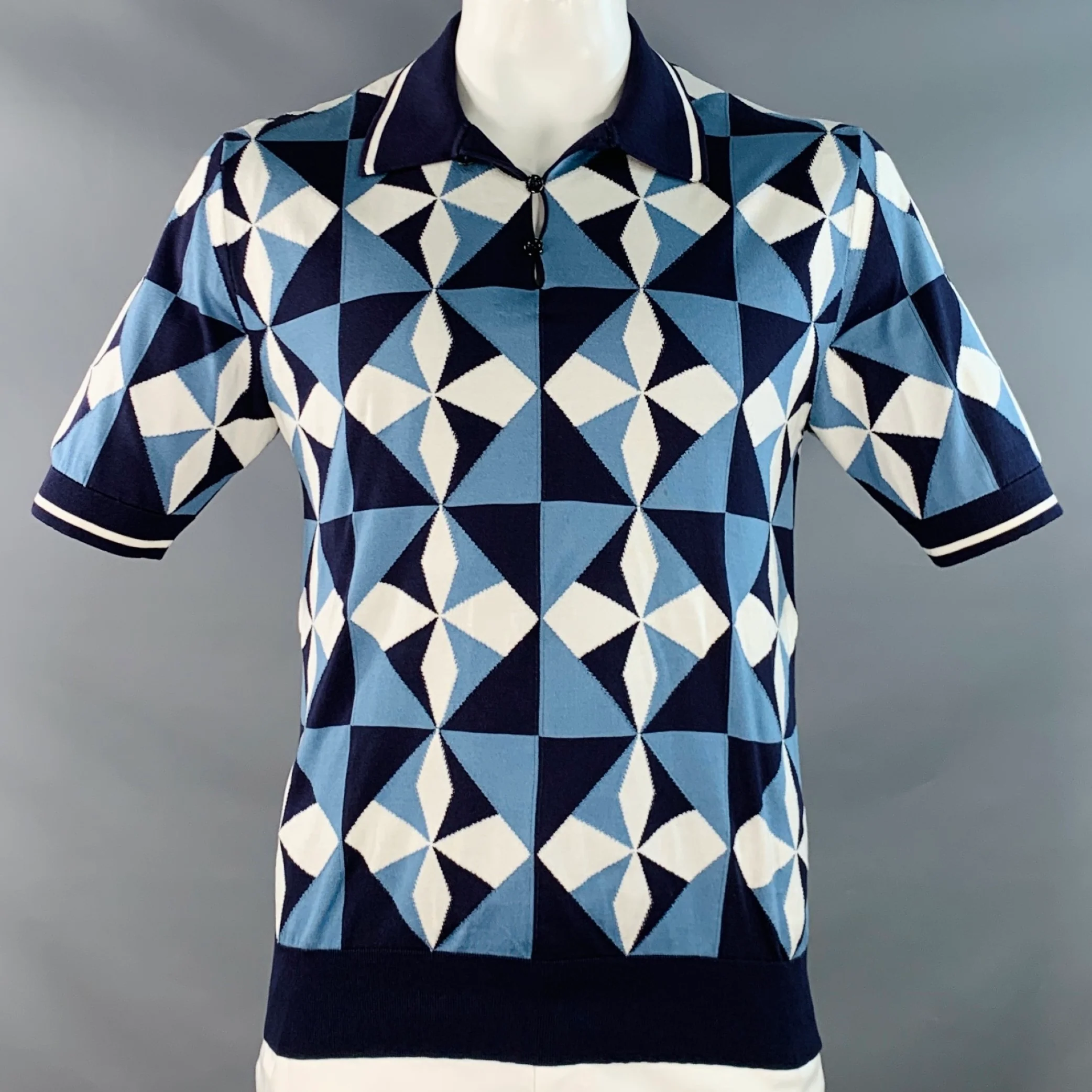 DOLCE & GABBANA Size L Blue White Graphic Geometric Silk Short Sleeve Polo
