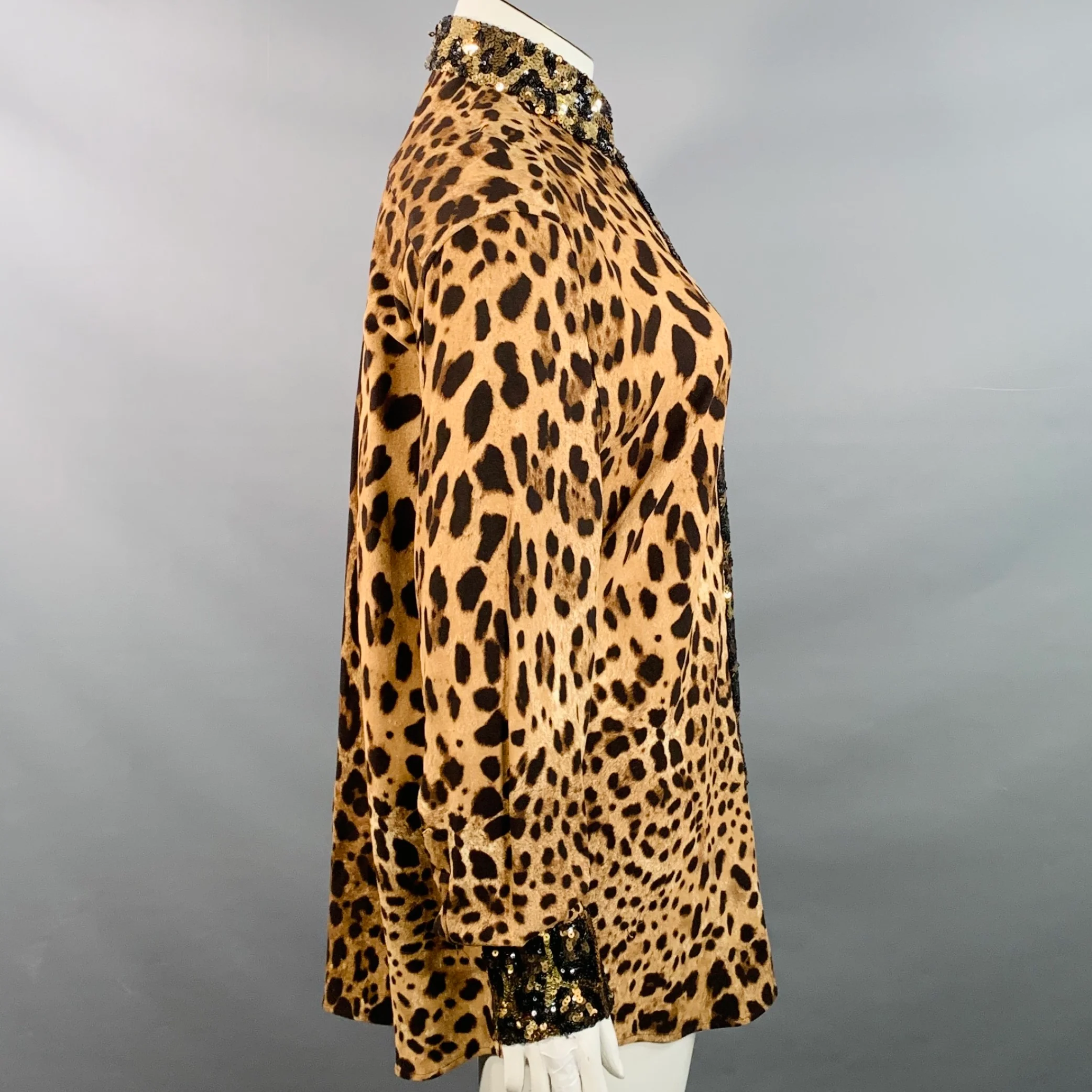 DOLCE & GABBANA Size L Brown Viscose Blend Leopard Sequin Trim Snaps Shirt - Image 3