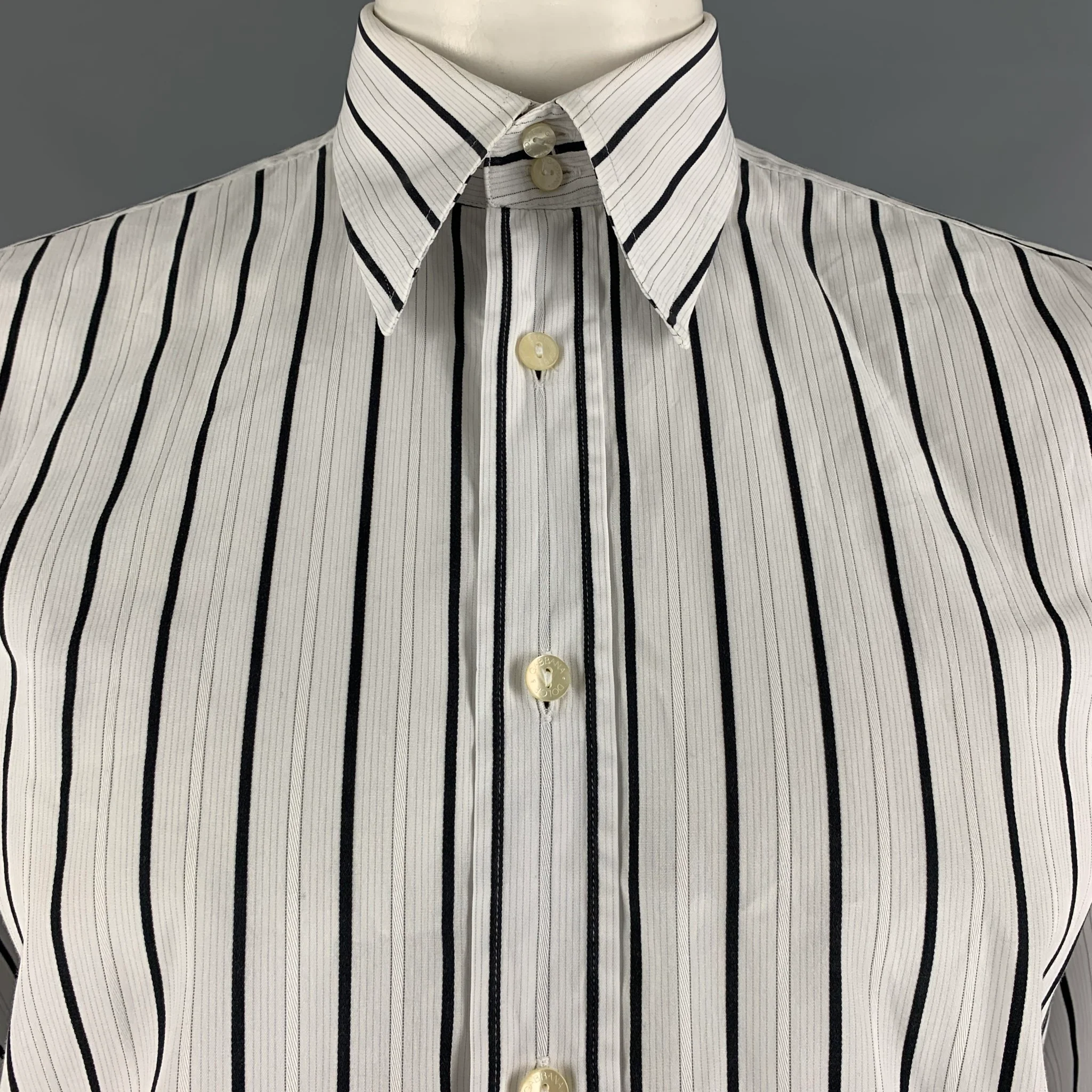 DOLCE & GABBANA Size L White Black Stripe Cotton Button Up Long Sleeve Shirt - Image 2
