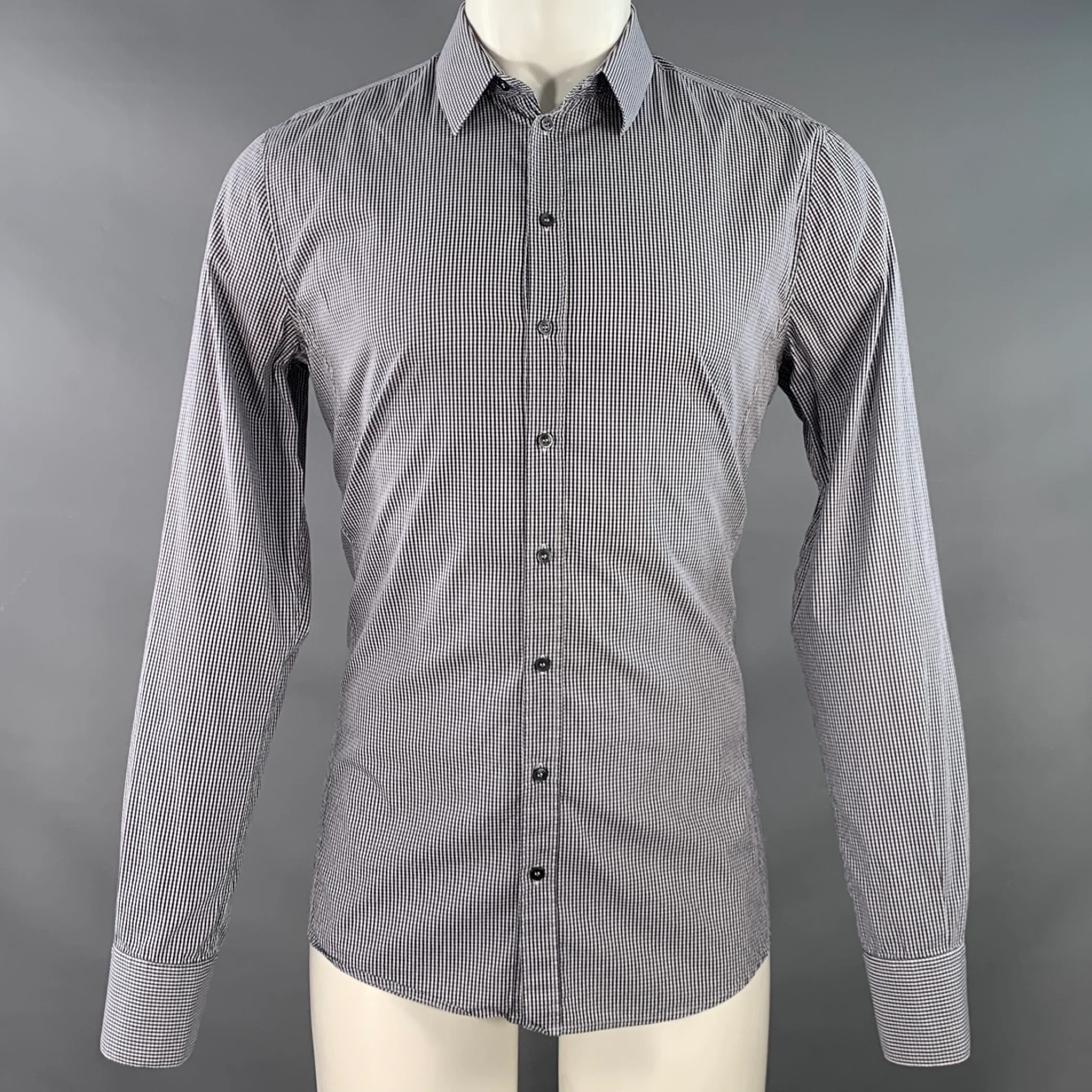 DOLCE & GABBANA Size M Navy White Gingham Cotton Blend Long Sleeve Shirt