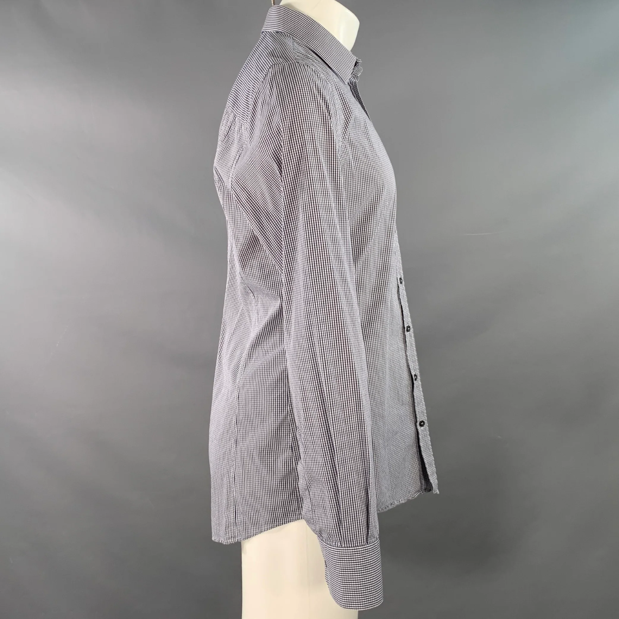 DOLCE & GABBANA Size M Navy White Gingham Cotton Blend Long Sleeve Shirt - Image 3