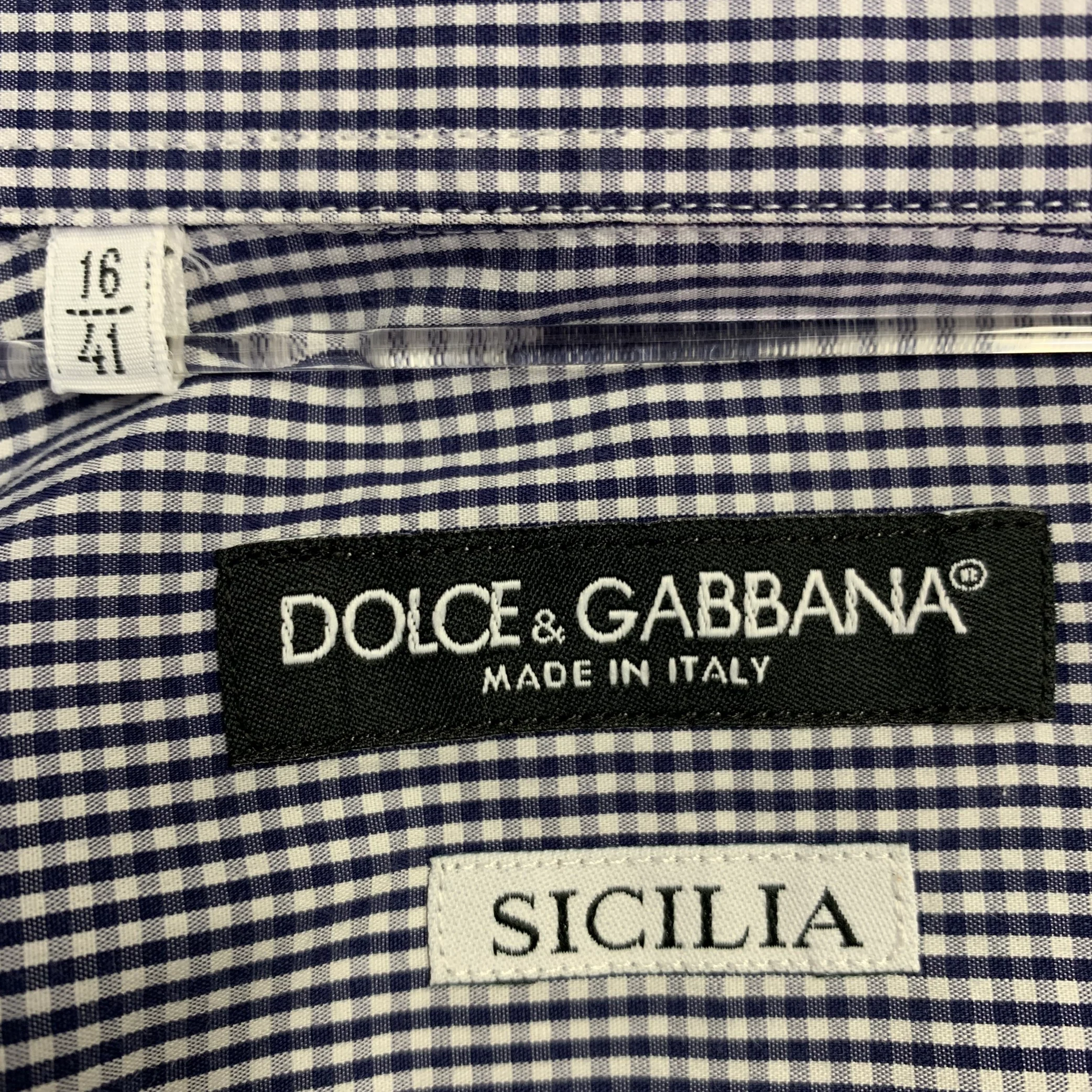 DOLCE & GABBANA Size M Navy White Gingham Cotton Blend Long Sleeve Shirt - Image 5