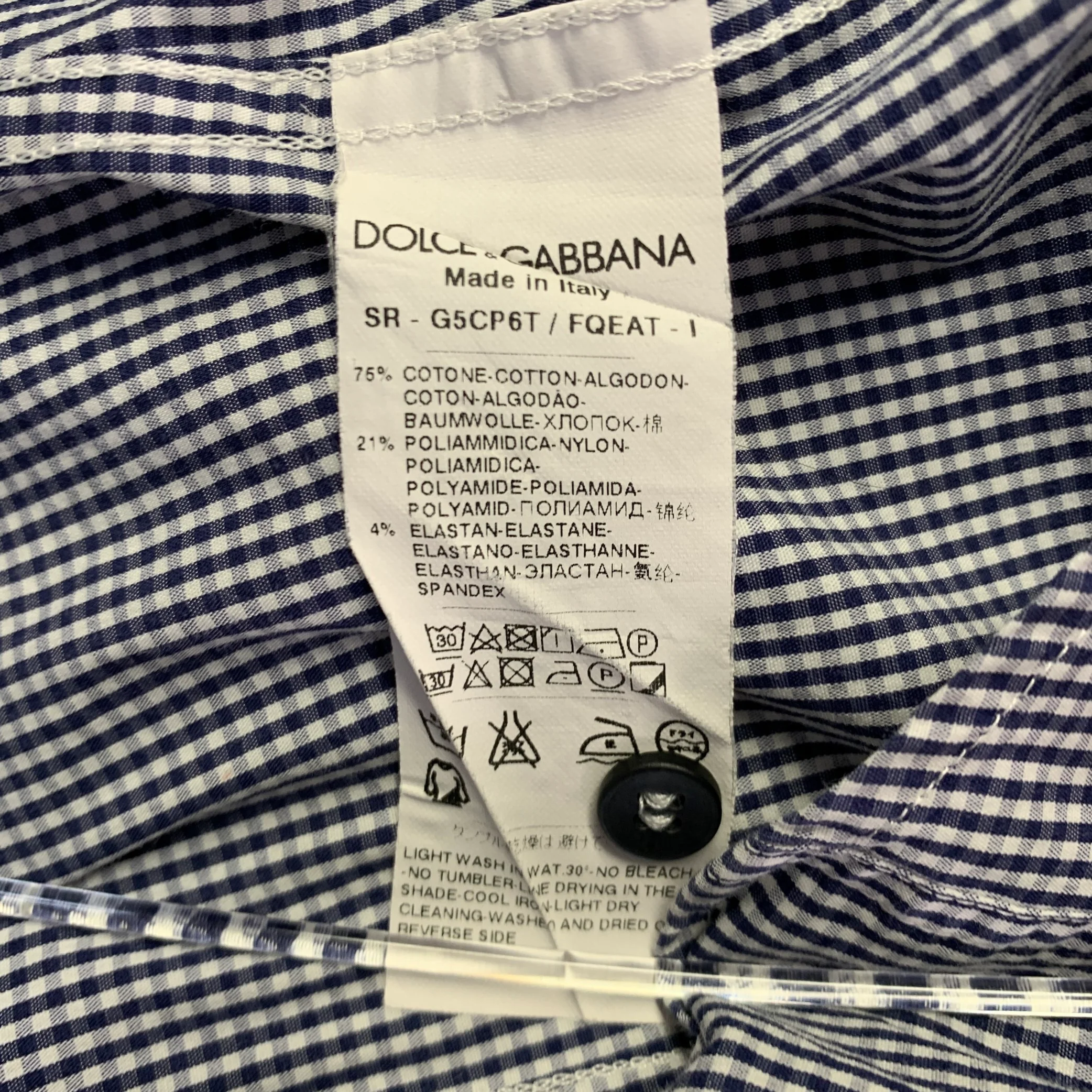 DOLCE & GABBANA Size M Navy White Gingham Cotton Blend Long Sleeve Shirt - Image 6