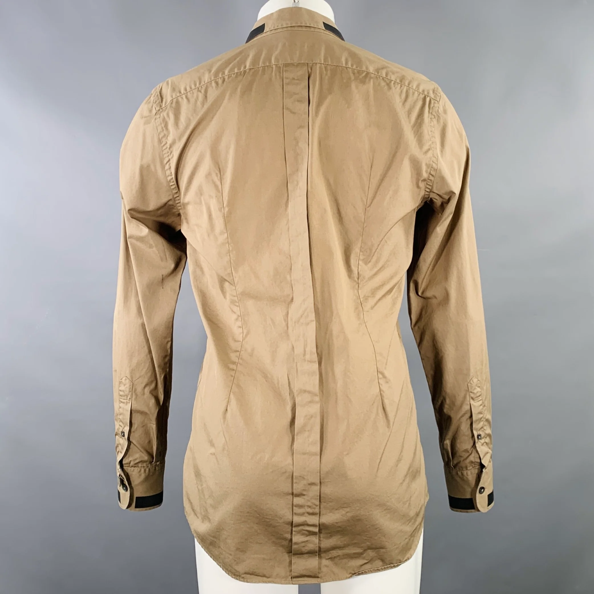DOLCE & GABBANA Size M Tan Black Cotton Contrast Trim Long Sleeve Shirt - Image 4