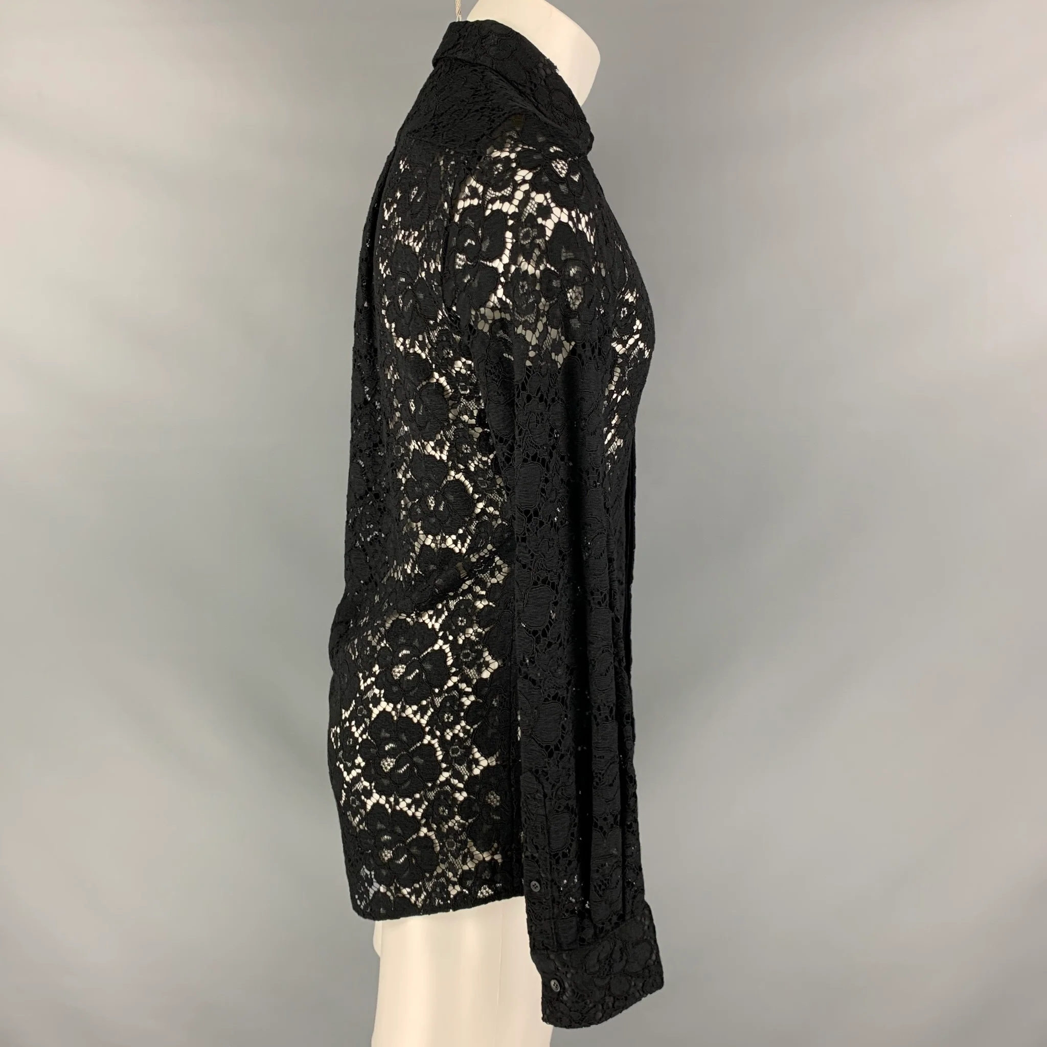 DOLCE & GABBANA Size S Black Lace Viscose Blend Hidden Placket Long Sleeve Shirt - Image 2