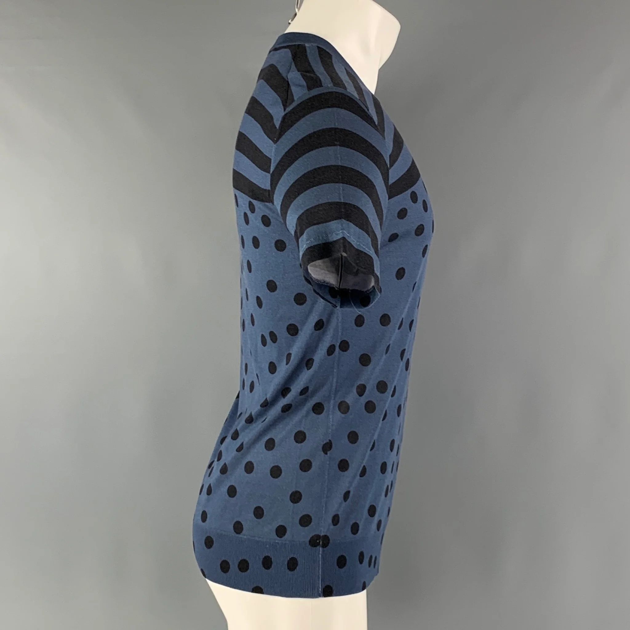 DOLCE & GABBANA Size S Blue Black Polka Dot Silk Short Sleeve T-shirt - Image 2