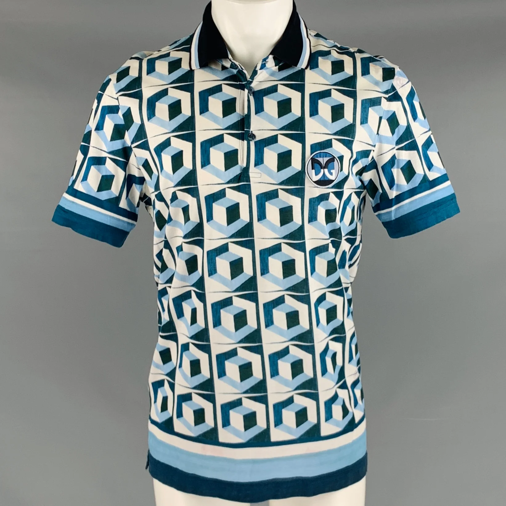 DOLCE & GABBANA Size S Blue White Graphic Cotton Short Sleeve Polo