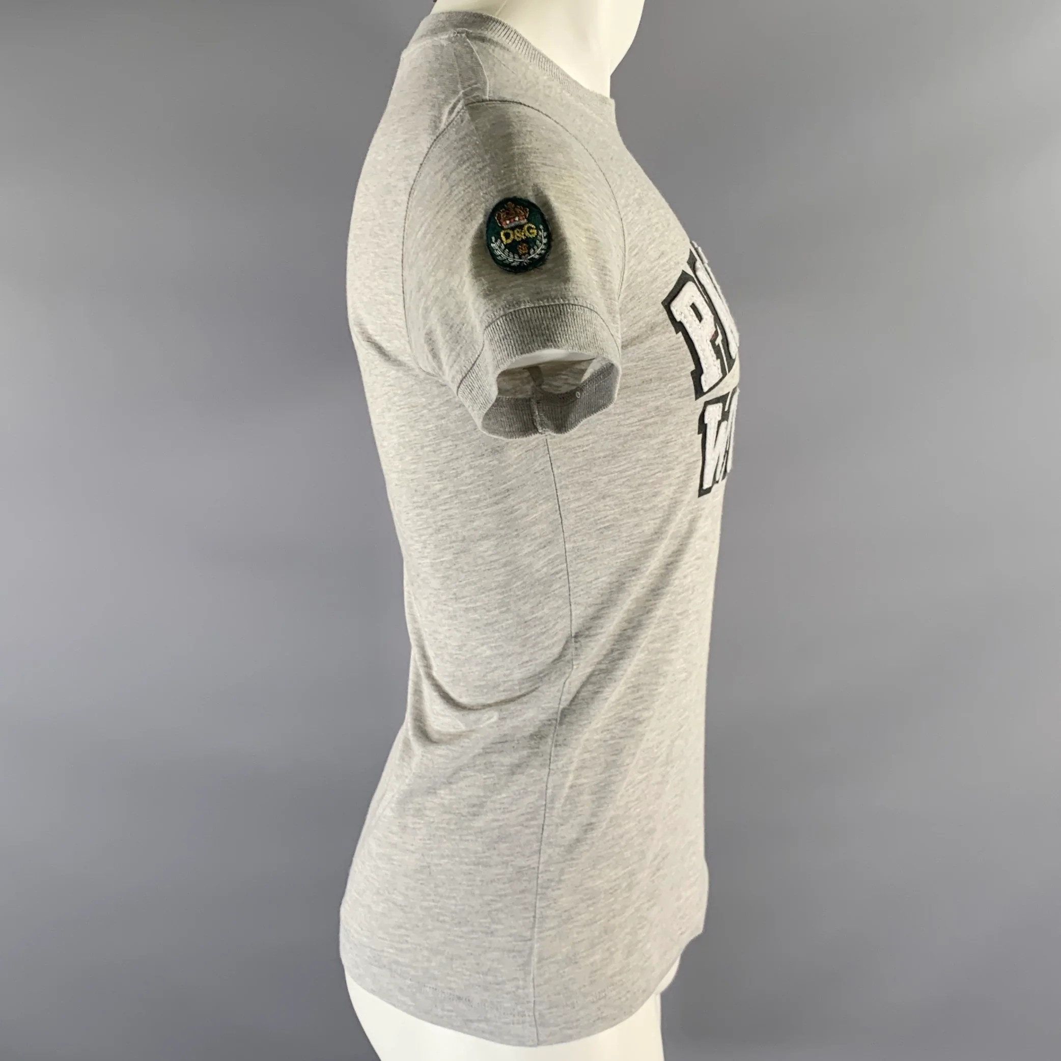 DOLCE & GABBANA Size S Grey White Embroidered Cotton Ribbed Collar Short Sleeve Shirt - Image 3