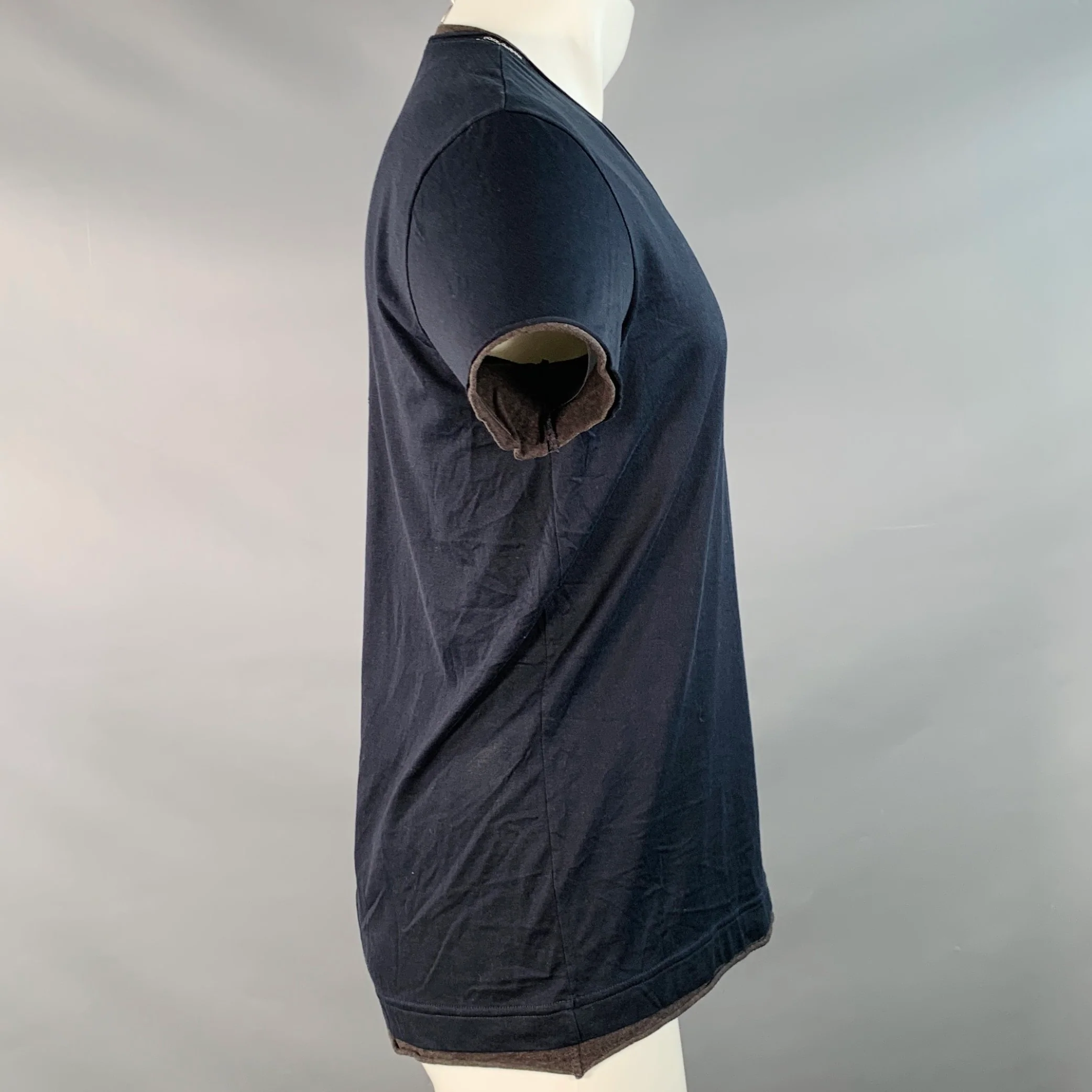 DOLCE & GABBANA Size S Navy Grey Layered Cotton V-Neck T-shirt - Image 3