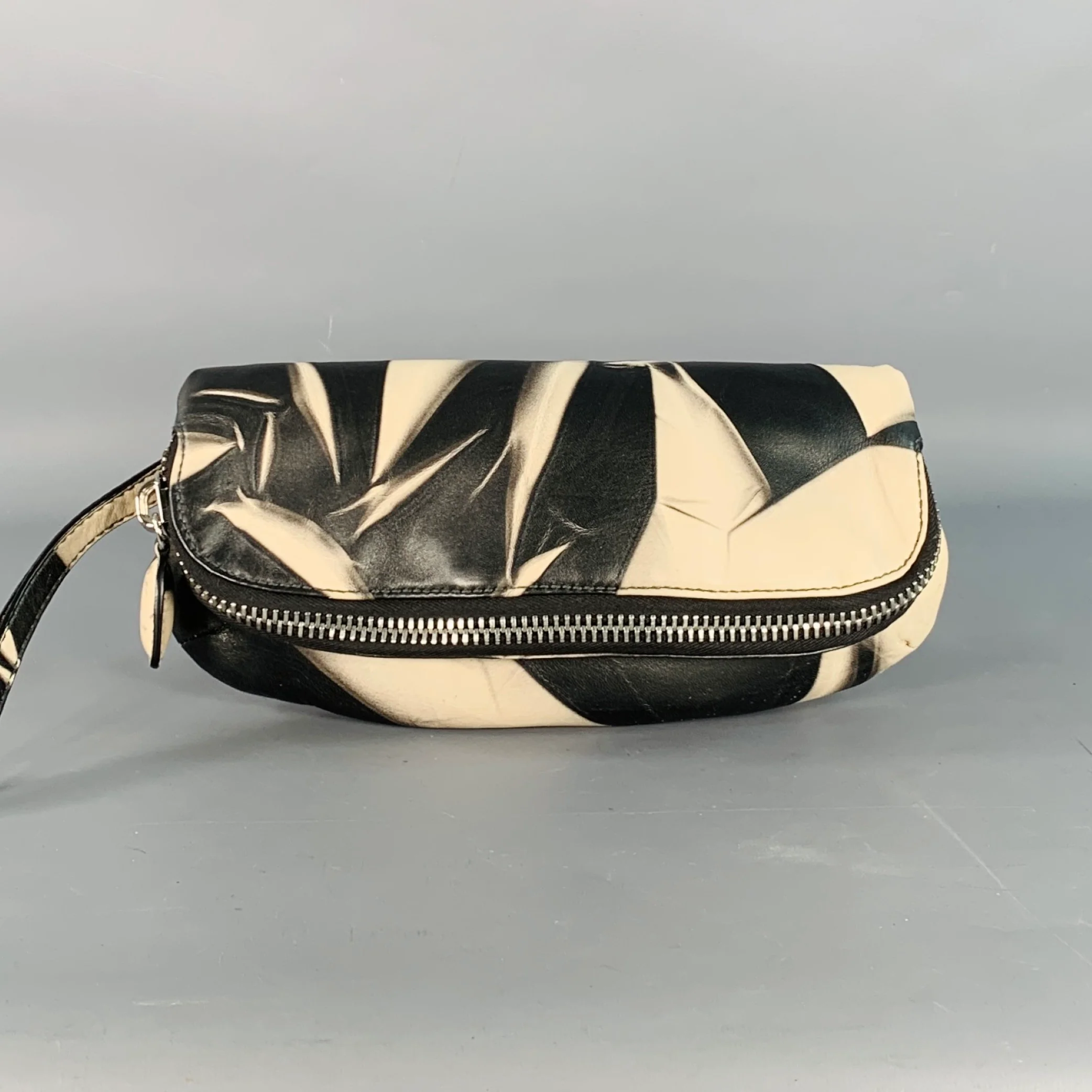 DONNA KARAN Black Grey Marbled Leather Wristlet Clutch Handbag