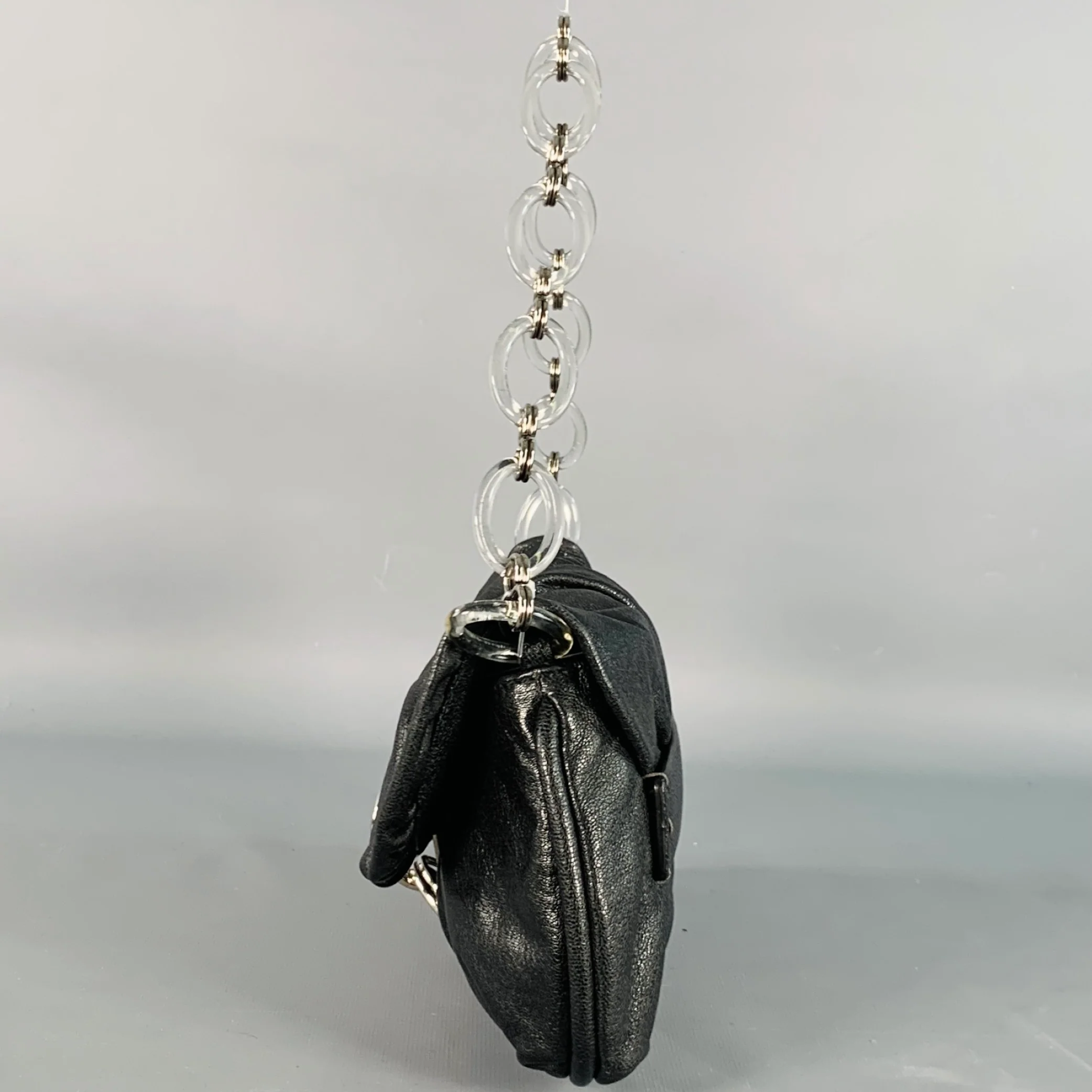 DONNA KARAN Black Silver Leather Shoulder Handbag - Image 6