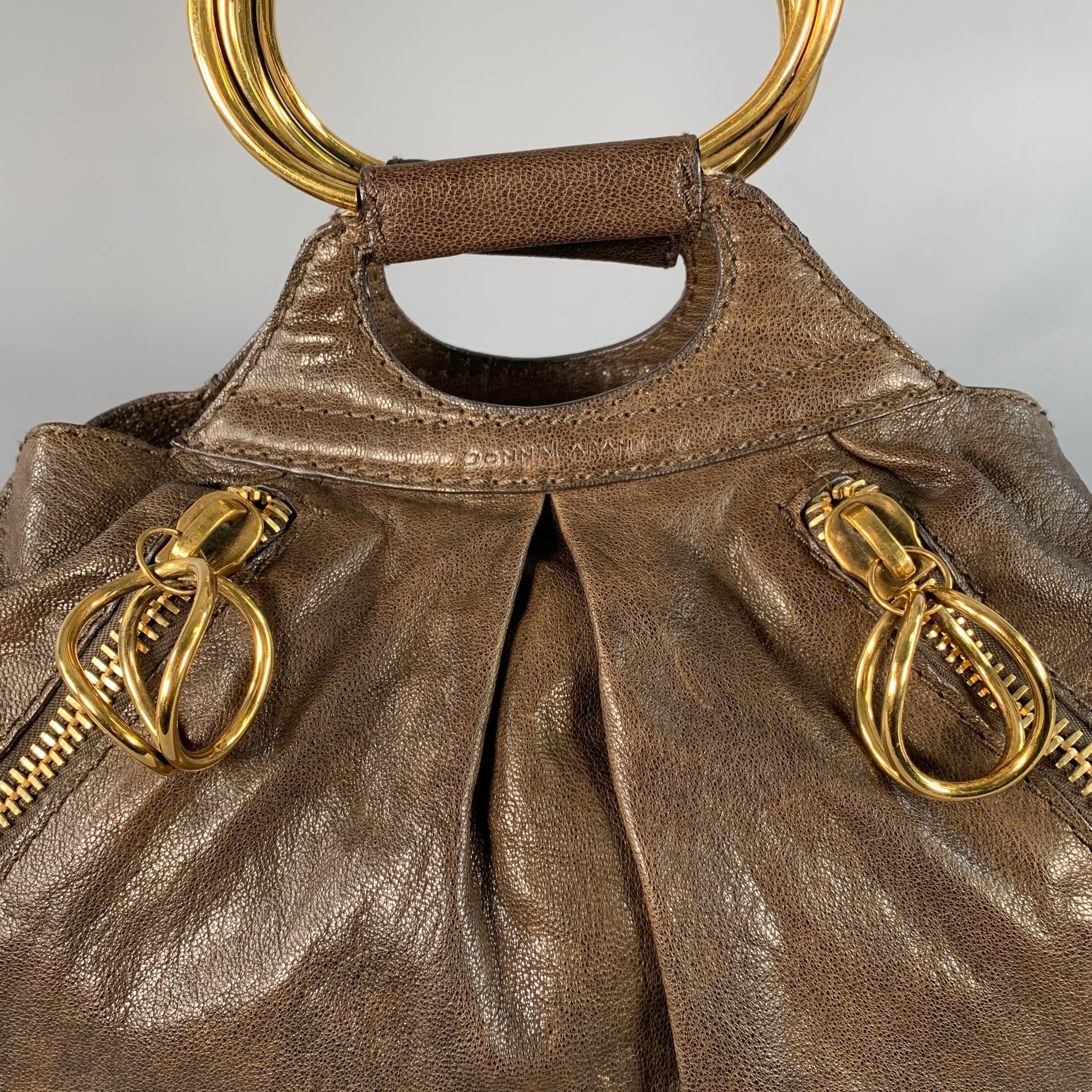 DONNA KARAN Brown Gold Goatskin Leather Top Handles Zippers Handbag - Image 2