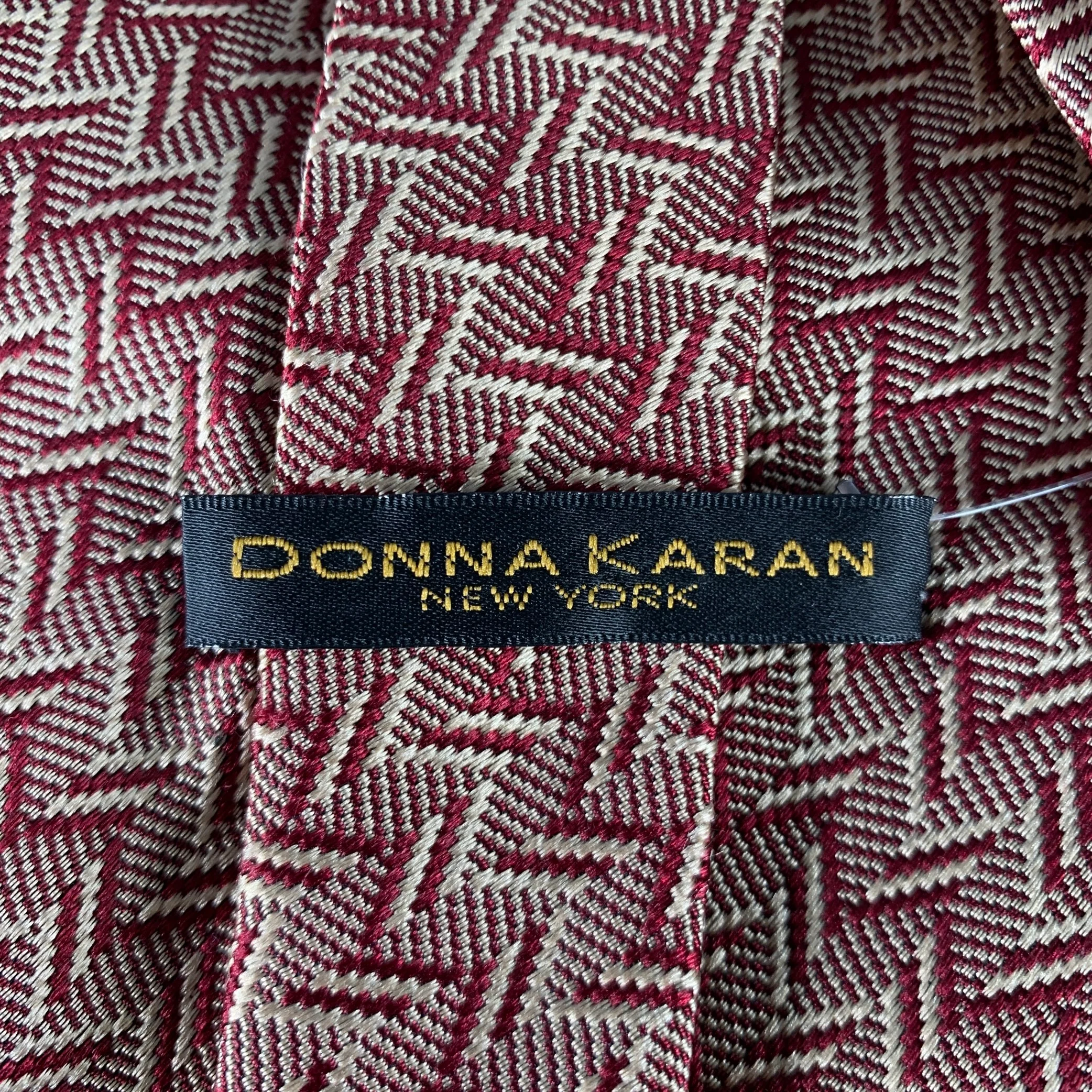 DONNA KARAN Burgundy Beige Zig Zag Silk Tie - Image 4