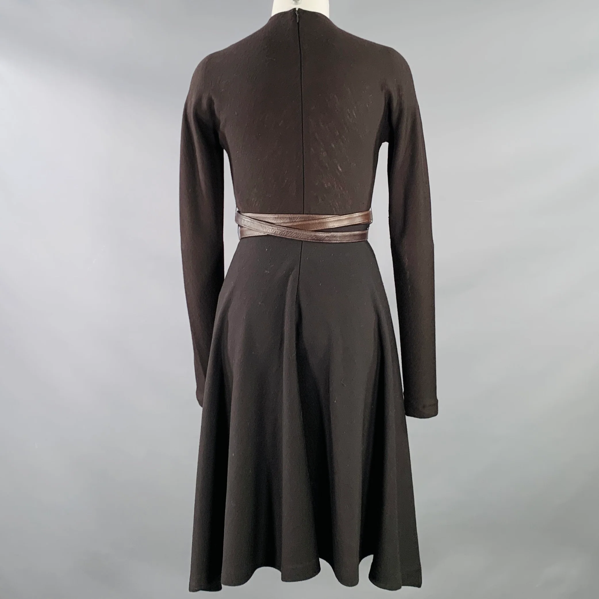 DONNA KARAN Size 6 Brown Wool Jersey Belted Long Sleeve Asymmetrical Dress - Image 4