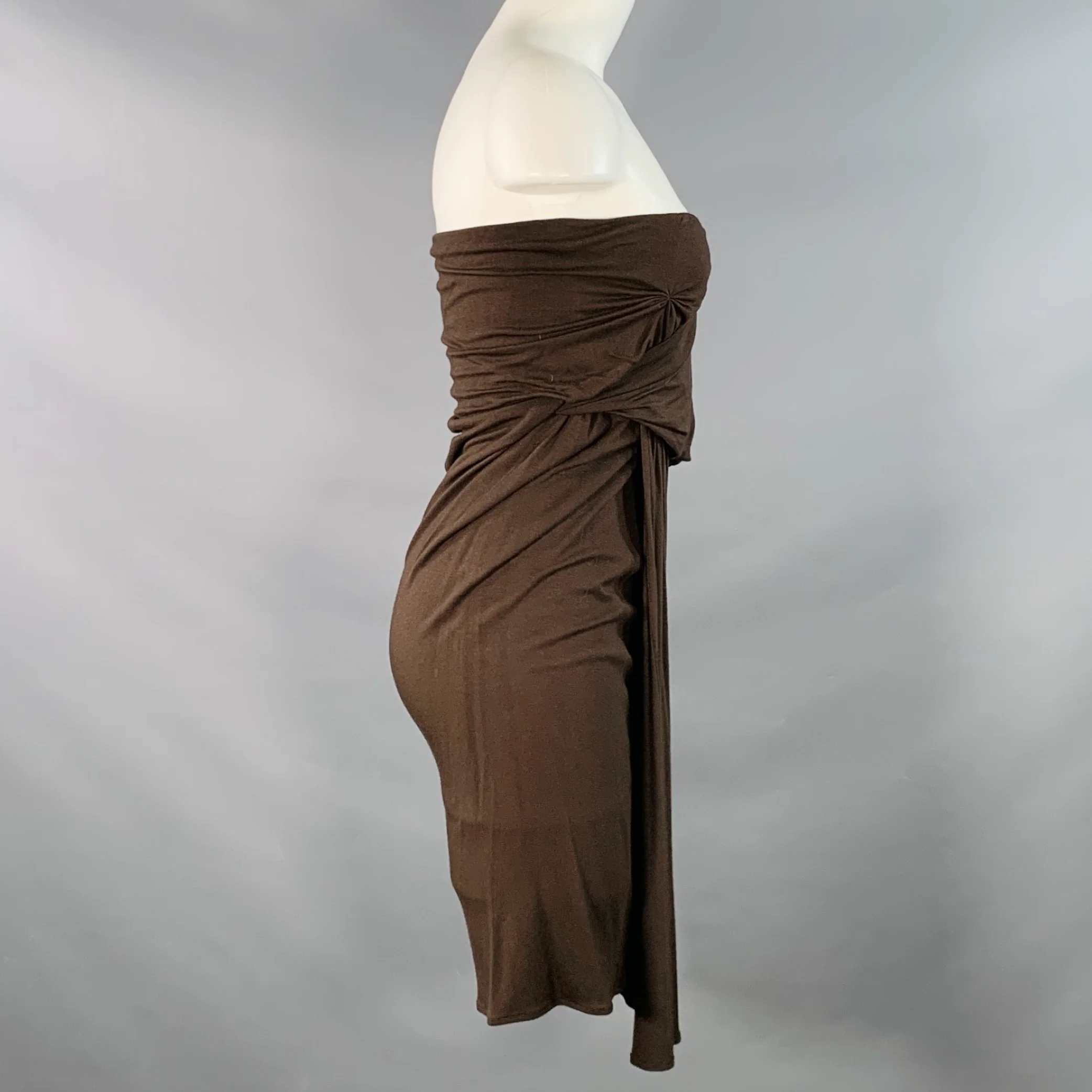 DONNA KARAN Size M Brown Viscose Blend Ruched Strapless Sweetheart Dress - Image 2