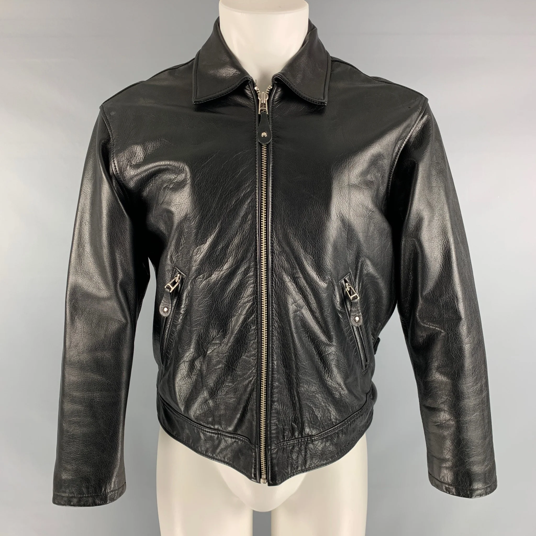 DONNA KARAN Size S Black Solid Leather Zip Up Jacket