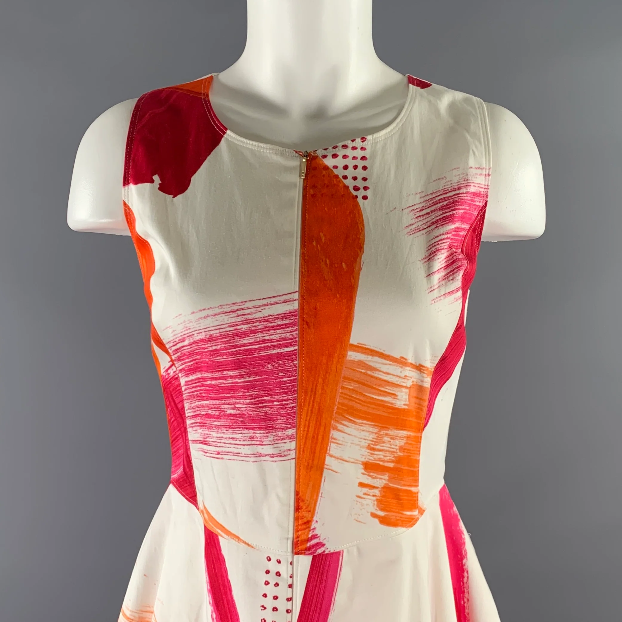 DONNA KARAN SS 2018 Size M Orange Fuchsia Cotton Spandex Geometric A-Line Dress - Image 2