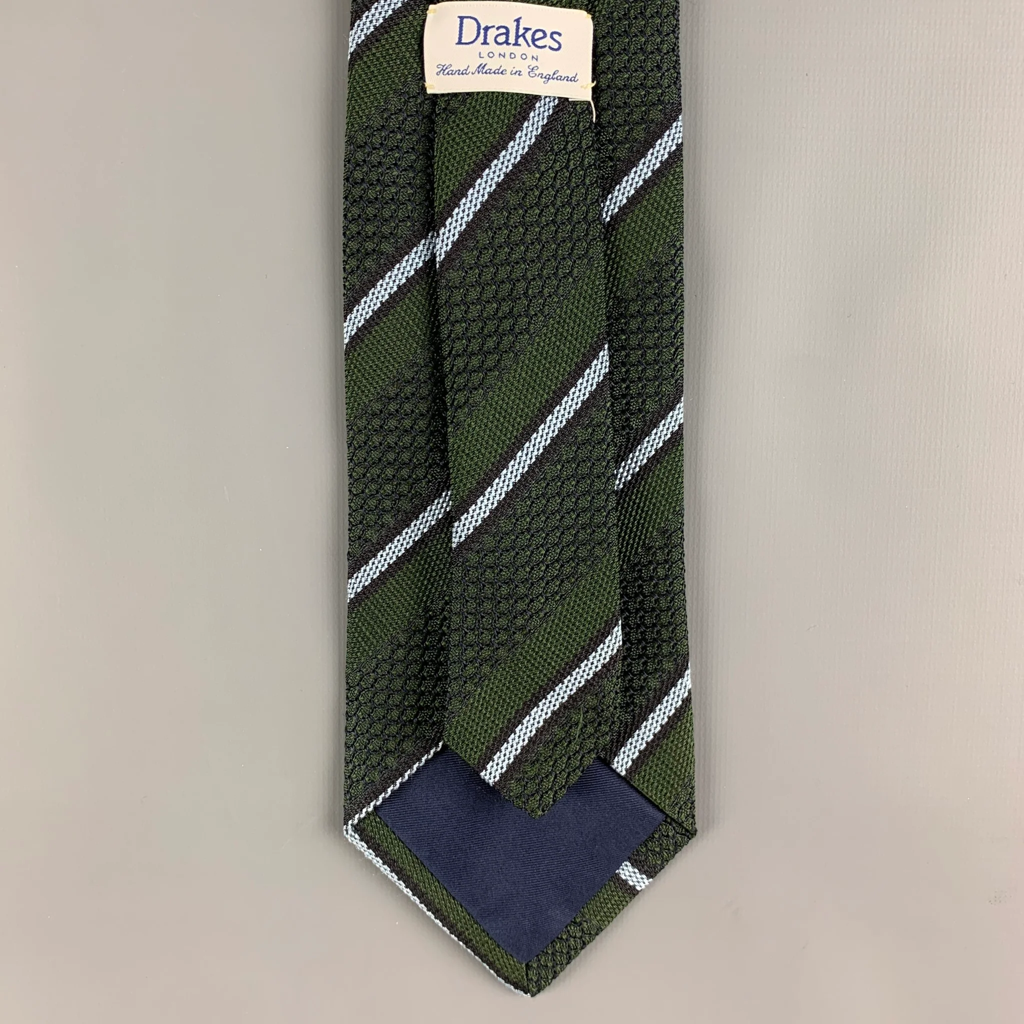 DRAKES LONDON Green Light Blue Diagonal Stripe Silk Tie - Image 3