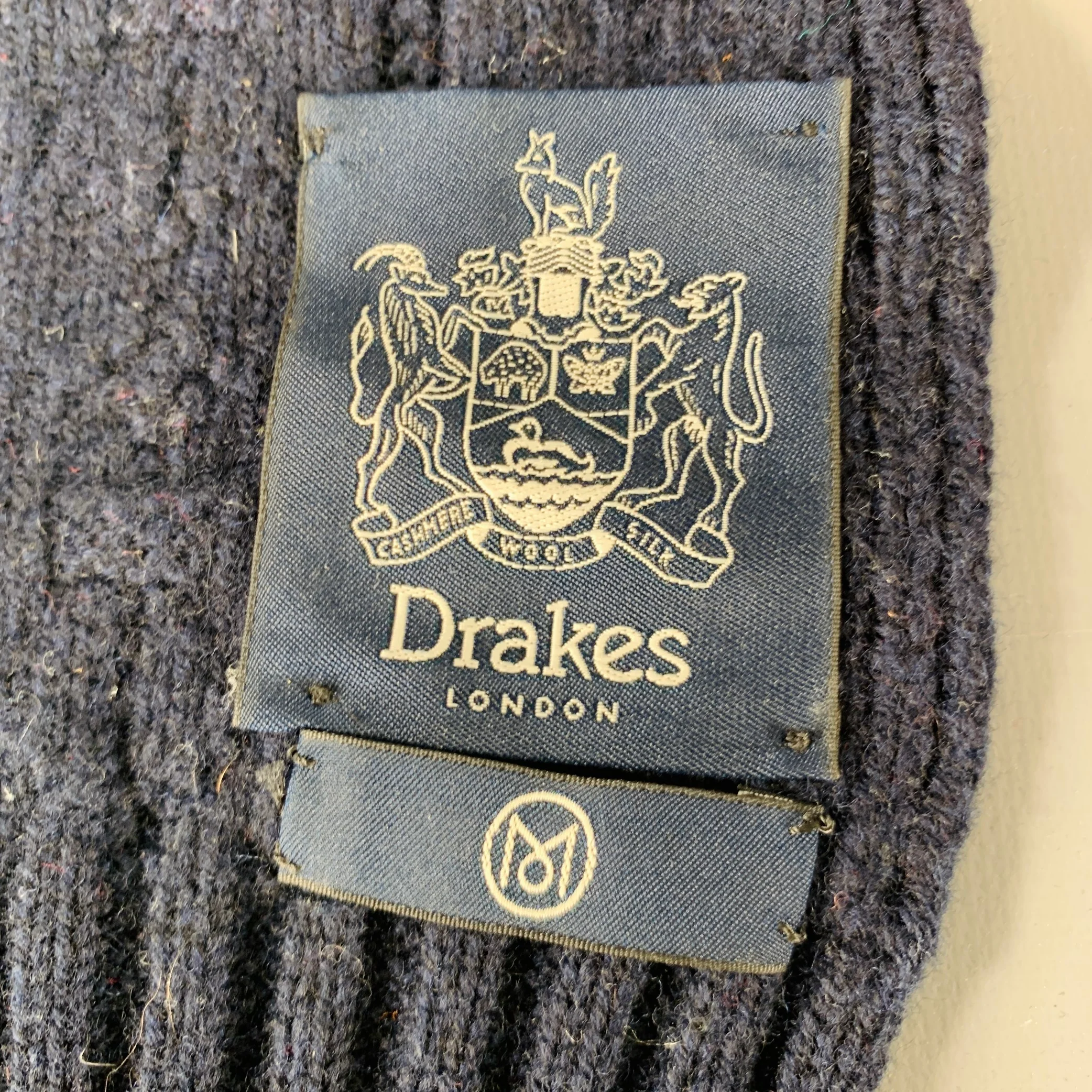 DRAKES LONDON Navy Beige Red Color Block Lambswool Knit Scarf - Image 2
