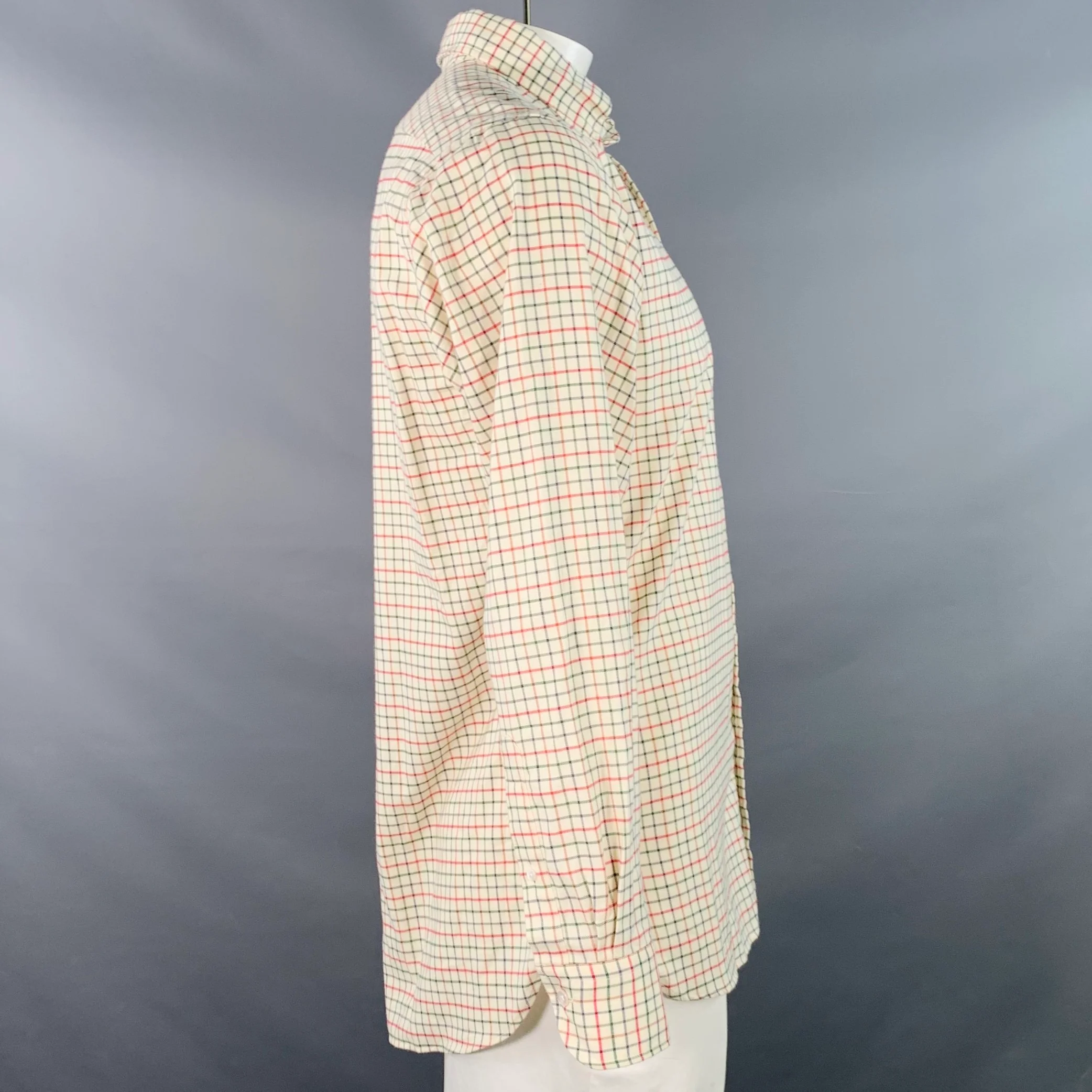 DRAKES LONDON Size L Beige Red Green Checkered Cotton Long Sleeve Shirt - Image 3