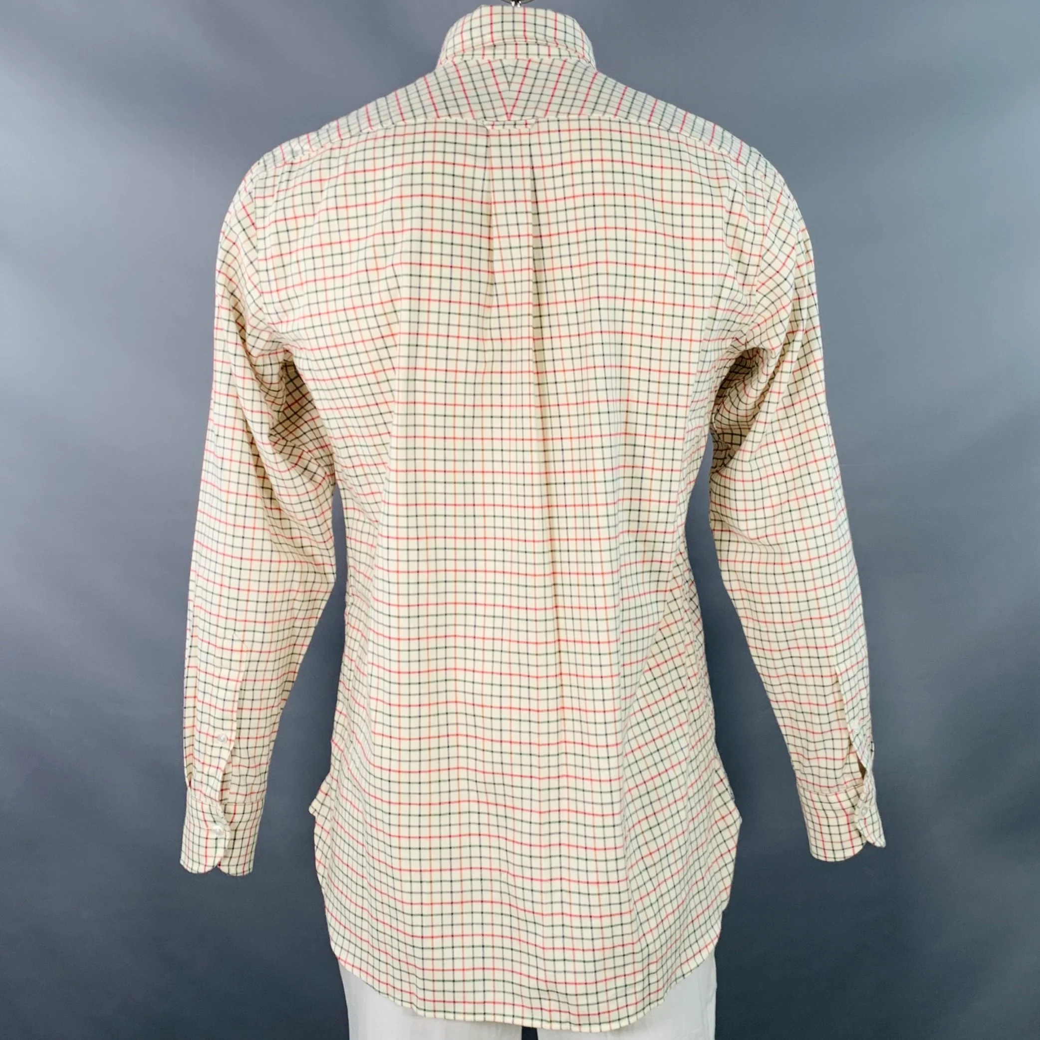 DRAKES LONDON Size L Beige Red Green Checkered Cotton Long Sleeve Shirt - Image 4