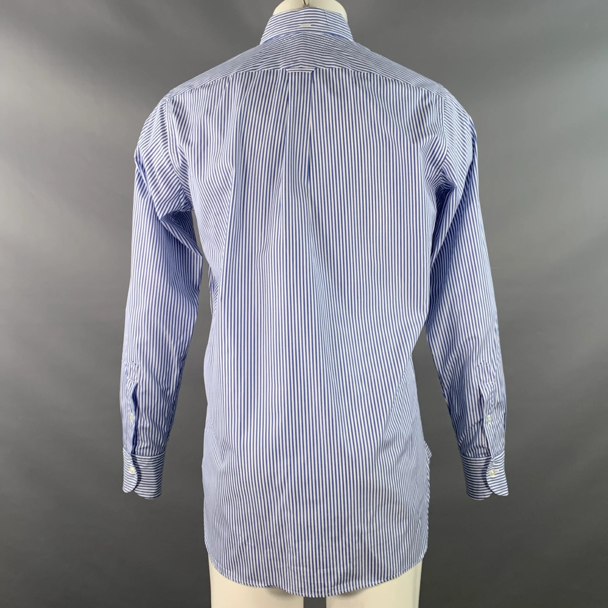 DRAKES LONDON Size M Blue White Stripe Cotton One pocket Long Sleeve Shirt - Image 4