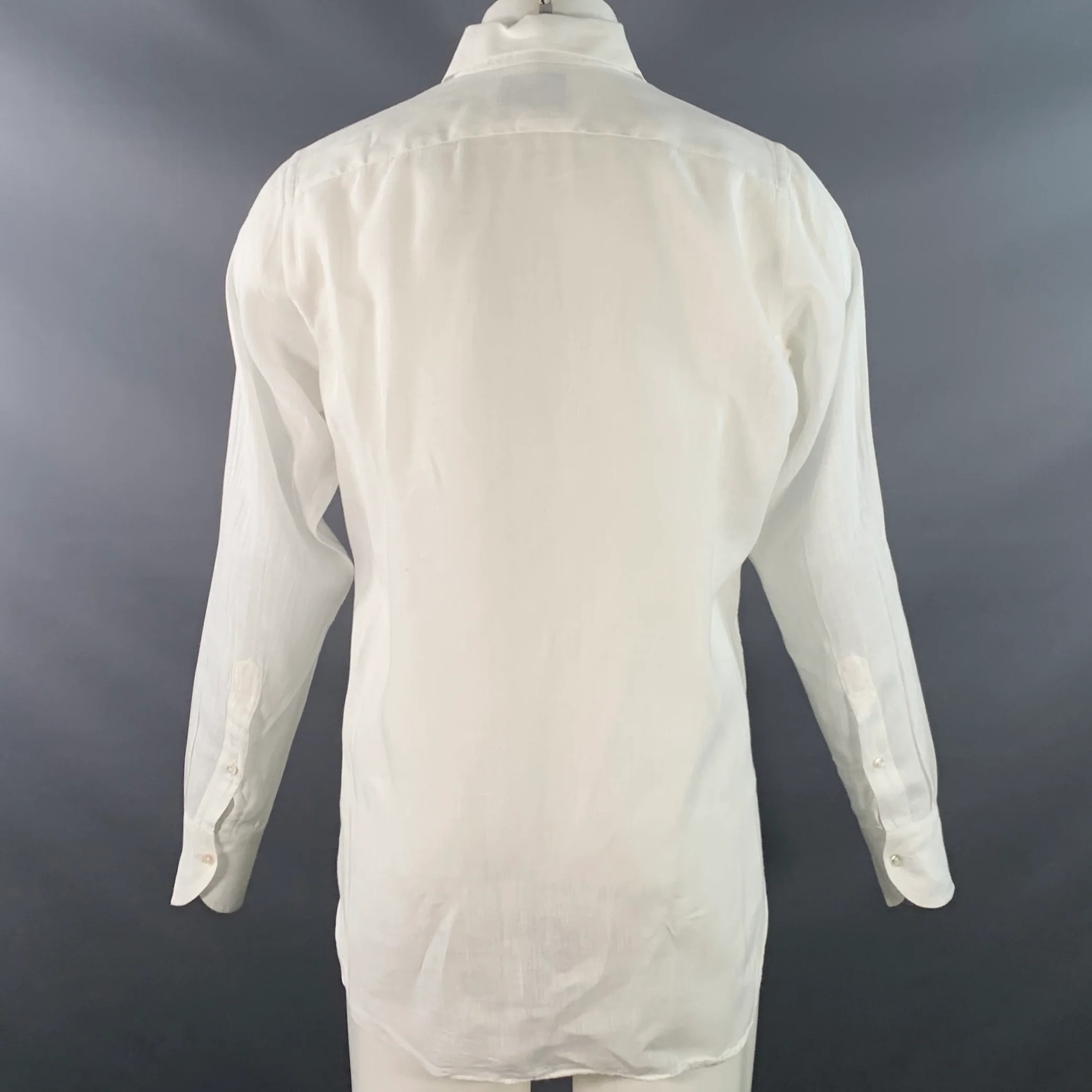 DRAKES LONDON Size M White Linen Cutaway Long Sleeve Shirt - Image 3