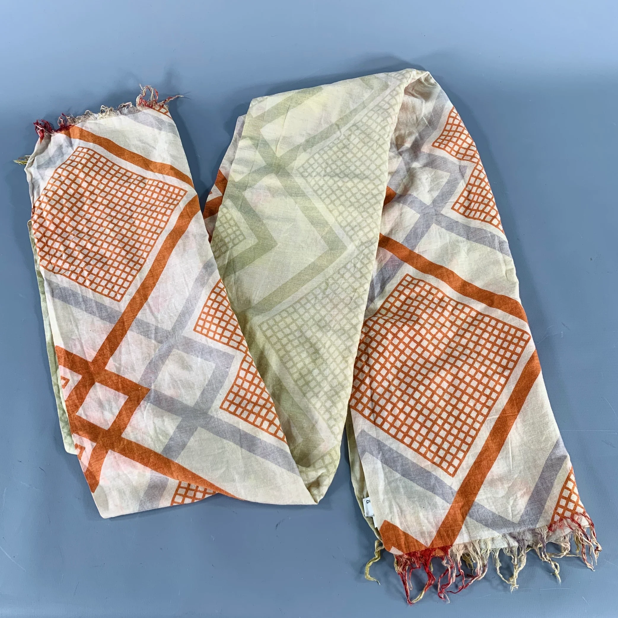 DRIES VAN NOTEN Beige Green Red Abstract Silk Cotton Scarf - Image 2