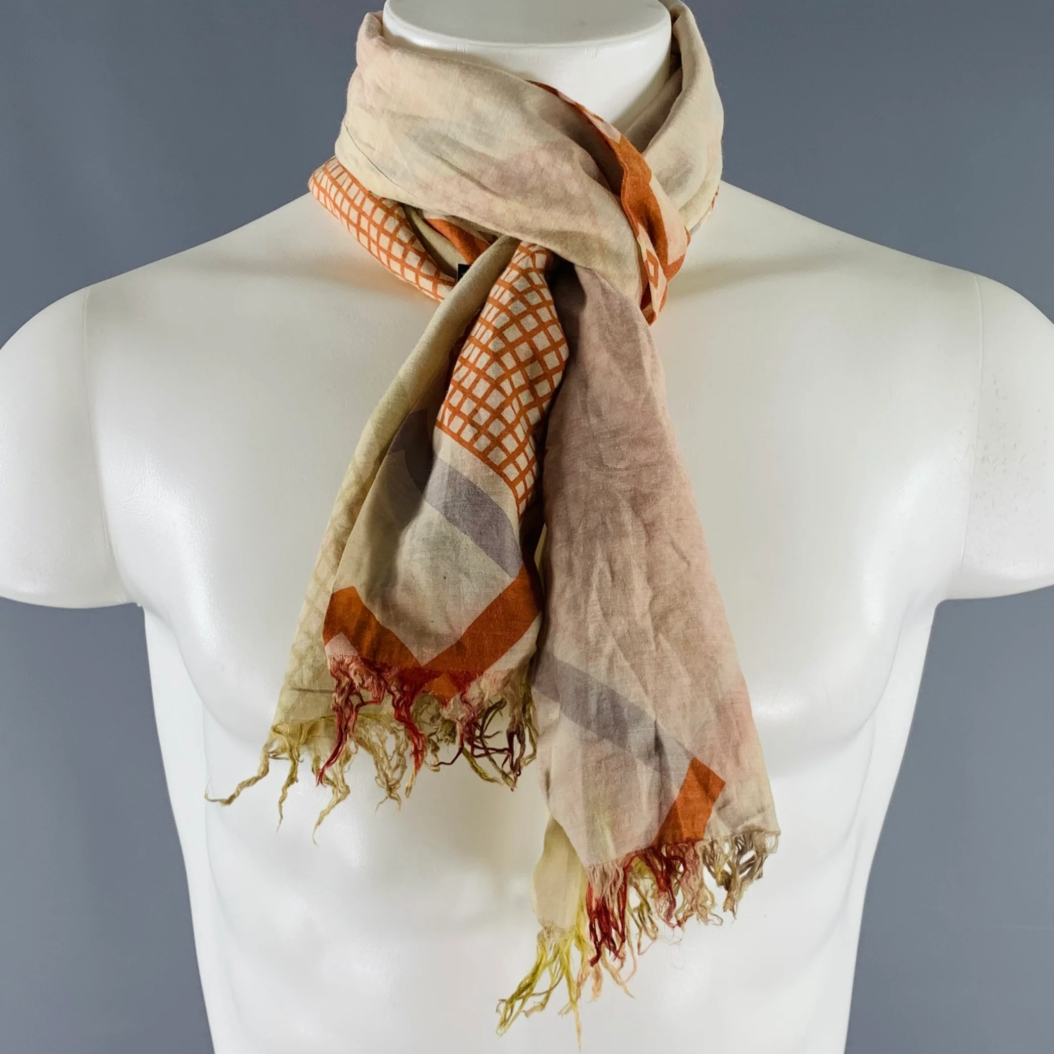 DRIES VAN NOTEN Beige Green Red Abstract Silk Cotton Scarf - Image 6