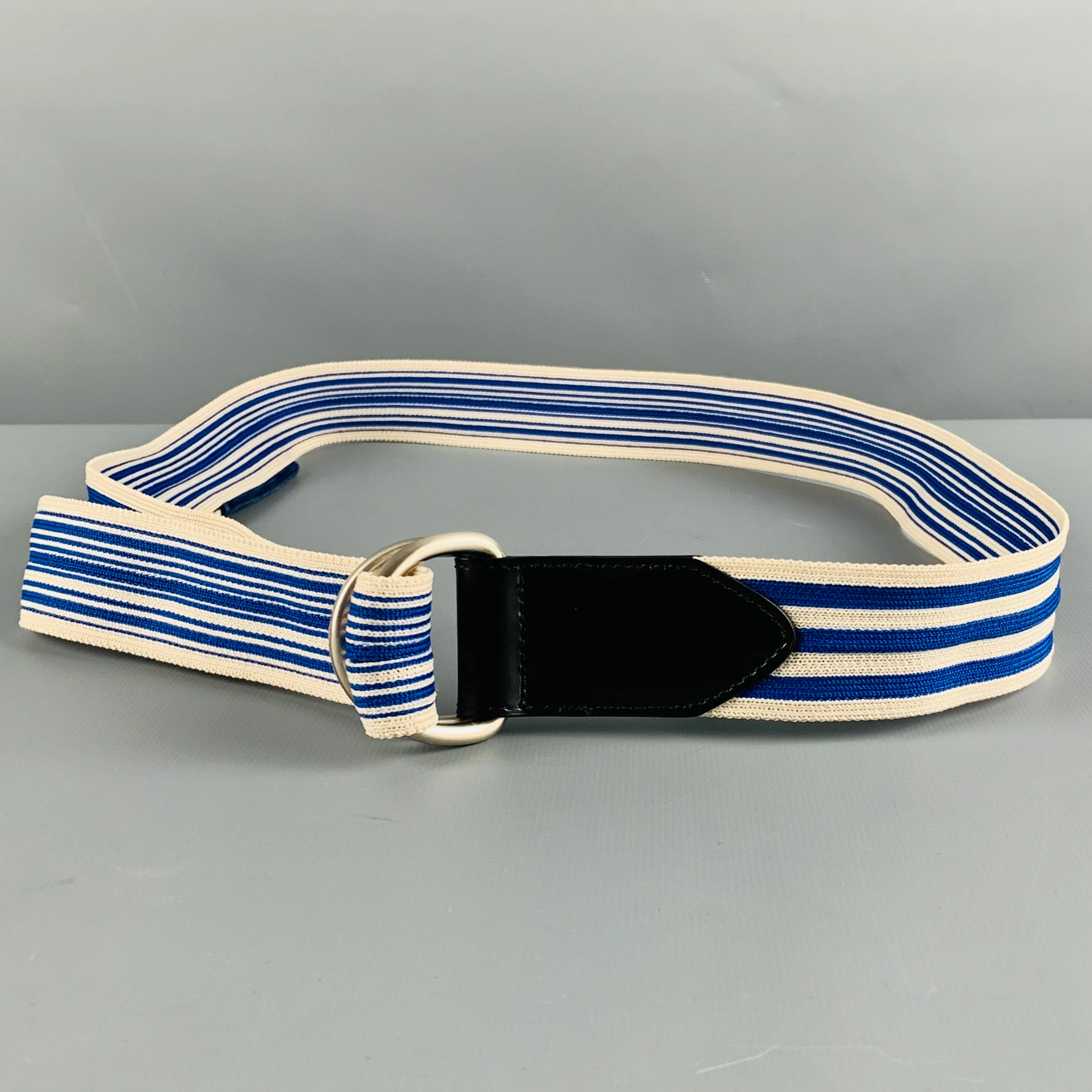 DRIES VAN NOTEN Blue White Stripe Leather Ribbon Belt