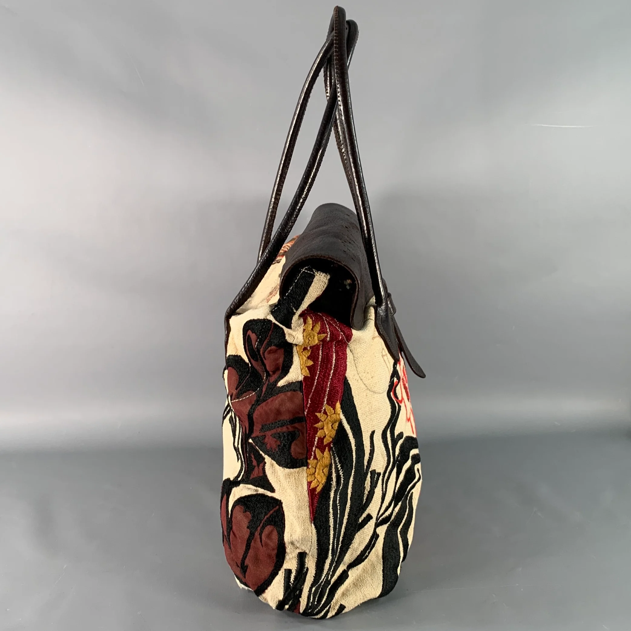 DRIES VAN NOTEN Brown Cream Red Embroidered Leather Tote Handbag - Image 2