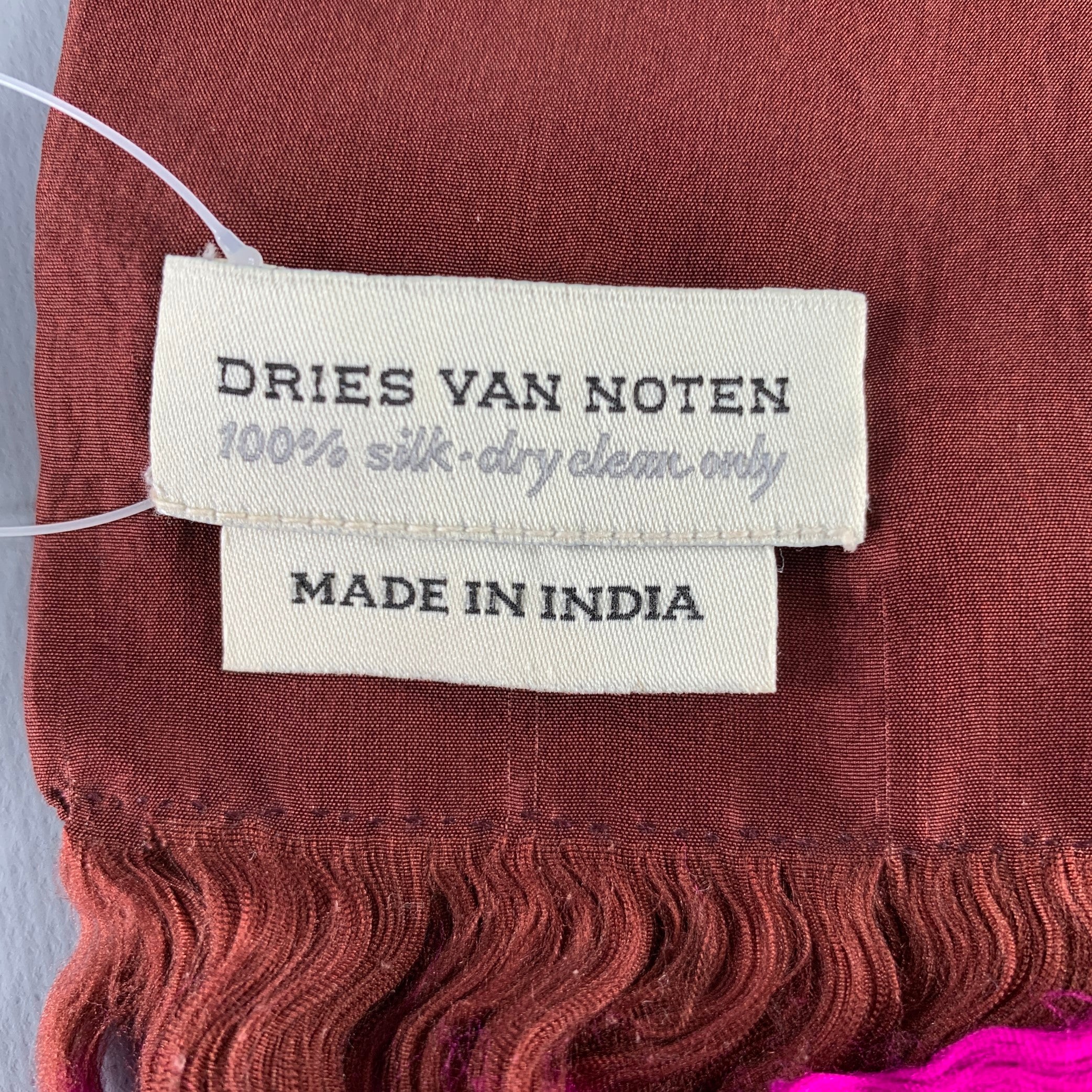 DRIES VAN NOTEN Brown Fuchsia Fringe Silk Scarf - Image 3