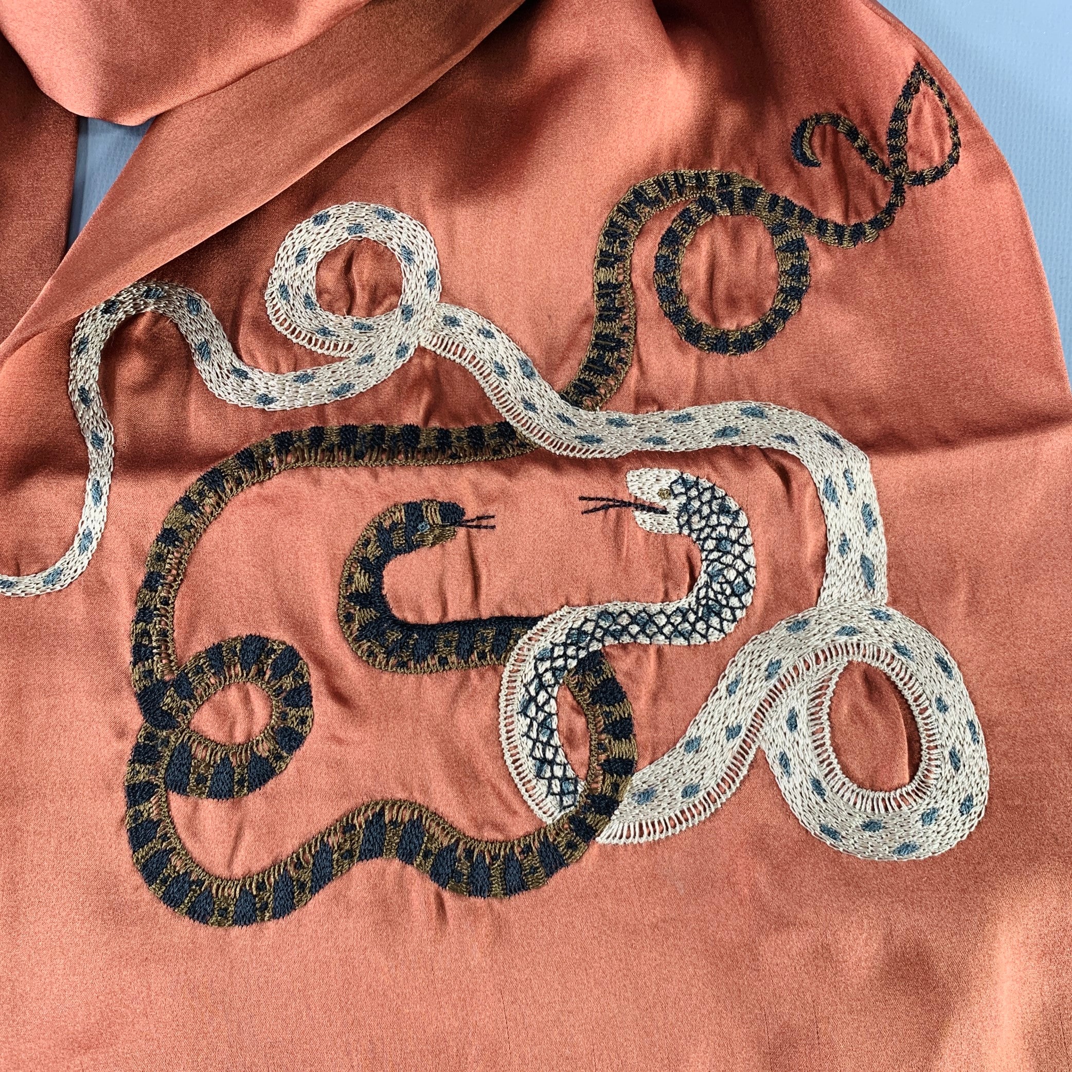 DRIES VAN NOTEN Brown Grey Embroidered Snake Silk Satin Scarf - Image 2