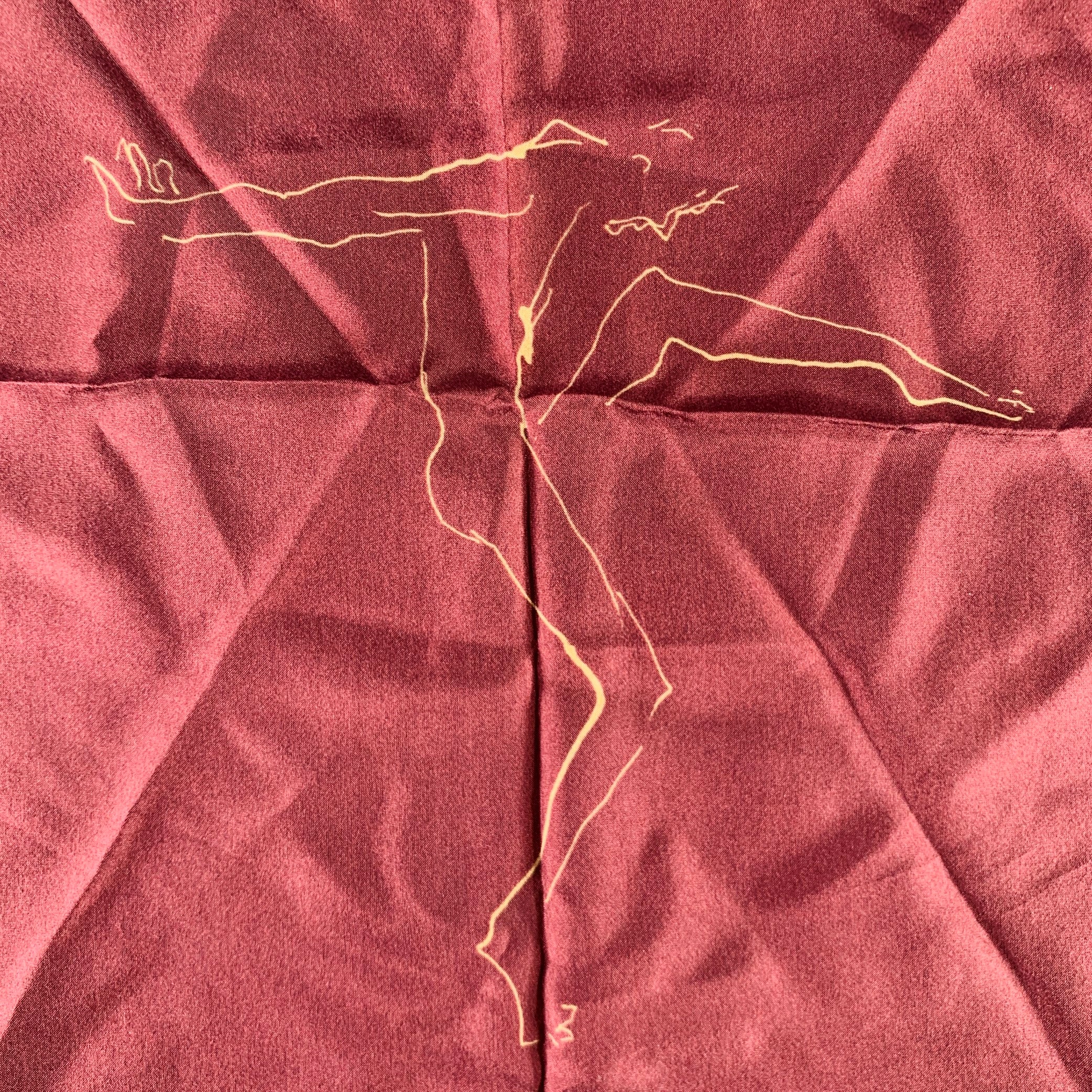 DRIES VAN NOTEN Burgundy Beige Dancing Man Silk Pocket Square - Image 2